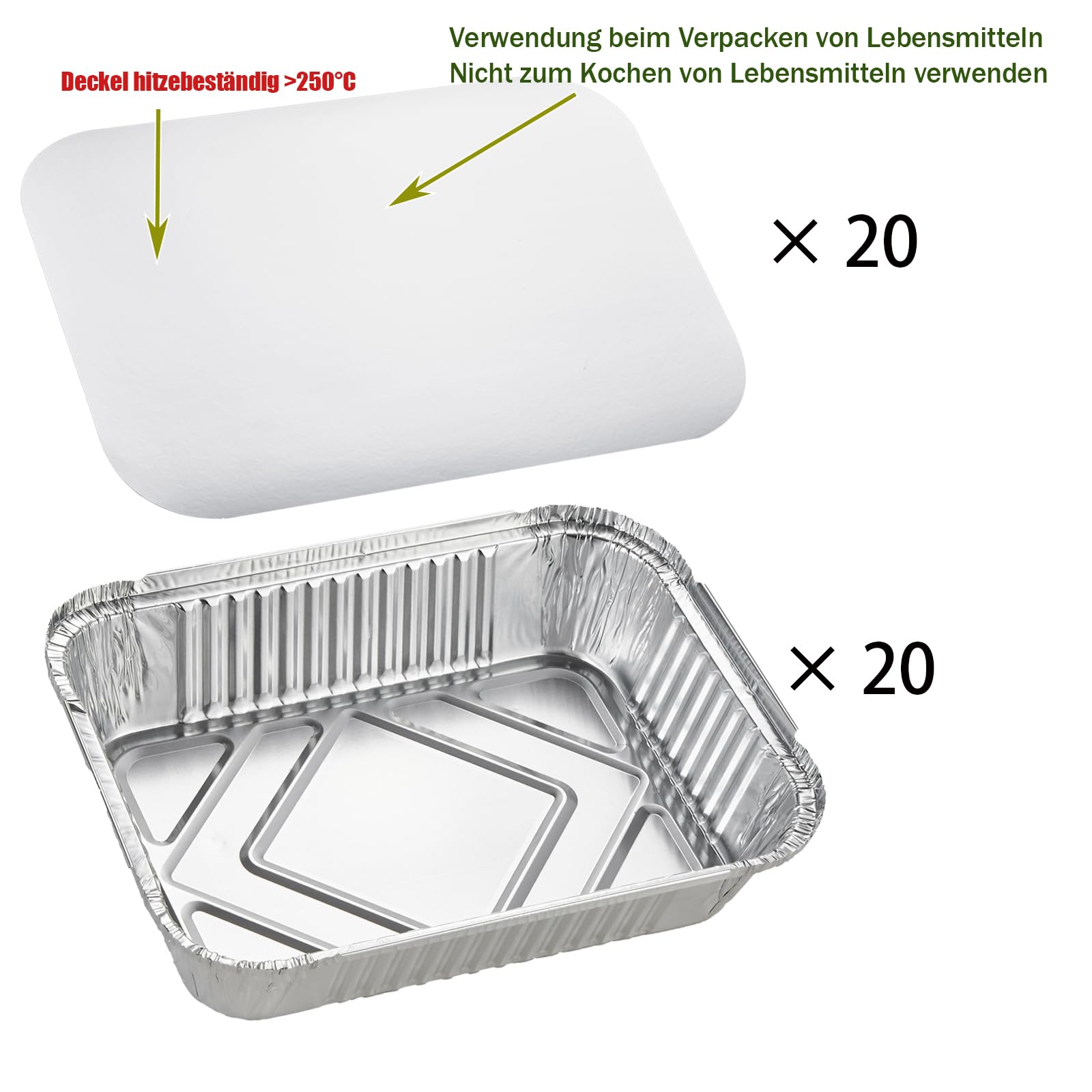 Bandejas de aluminio con tapa, 20 unidades, 1900 ml, 26 x 19 x 6 cm, bandejas desechables de aluminio, bandejas de goteo grandes, desechables para barbacoa de gas y cubiertos de viaje, juego