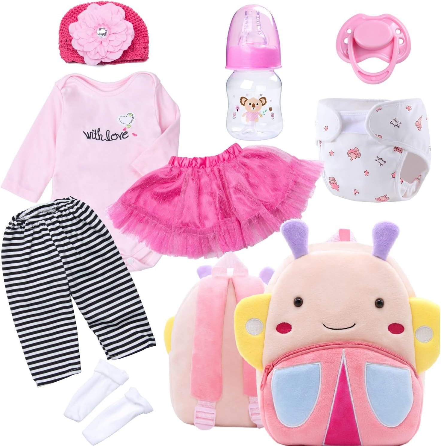 9 Pcs Set Reborn Baby Doll Clothes 17-22 Inches, Pink Tutu Skirt & Butterfly Backpack, Female, Purple