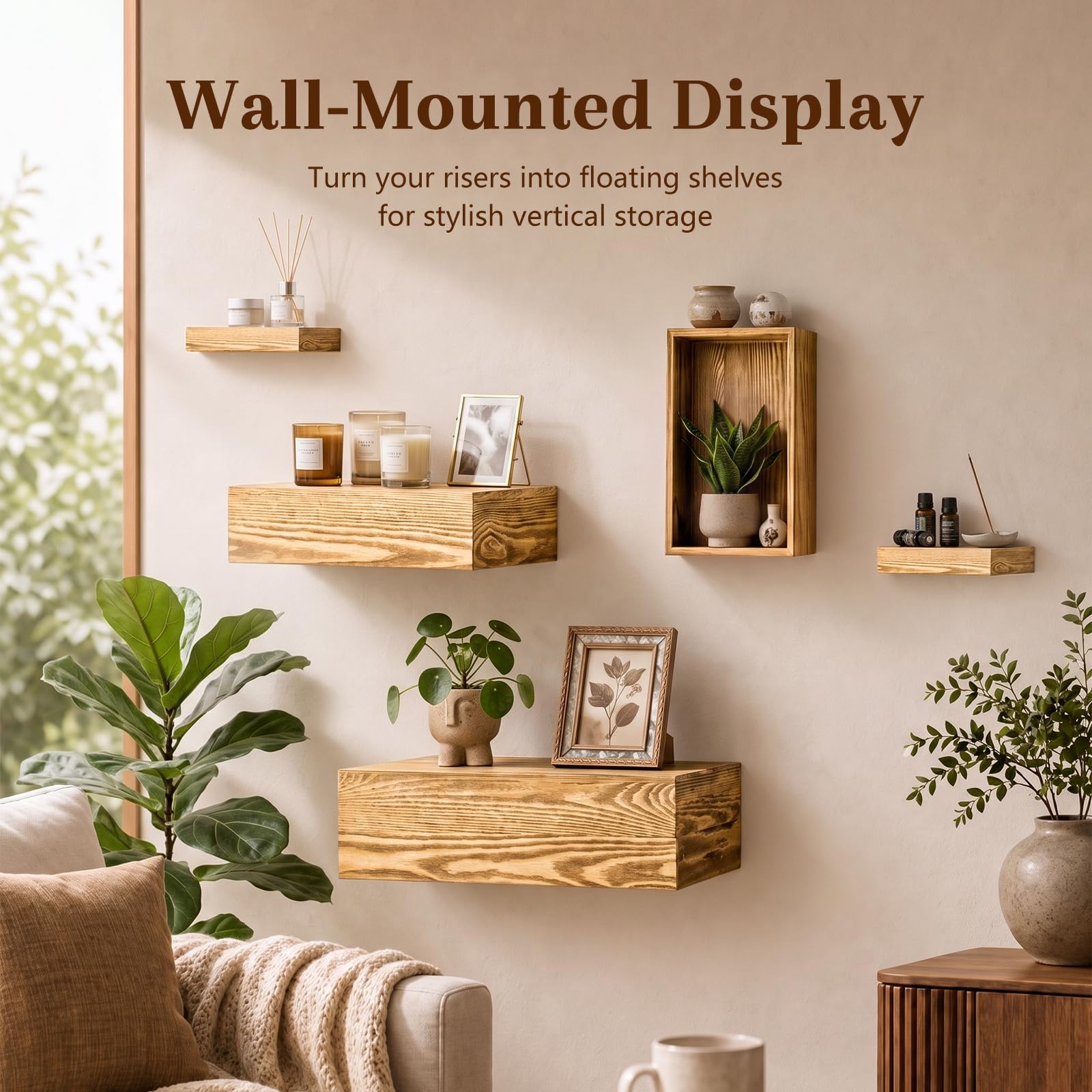 Leinuosen Juego de 5 elevadores de buffet extragrandes, caja de exhibición rectangular de madera, para catering, postre, mesa, soporte decorativo con fondo hueco para catering (madera clara)