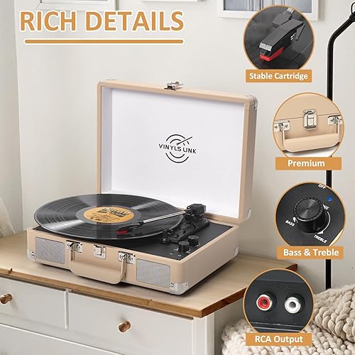 Miniatura 2 de Tocadiscos de Vinilo Bluetooth con Control de Agudos y Graves, Vintage, Portátil, Maletín, con Altavoces Integrados, LP, 33 45 78 RPM, Transmisión