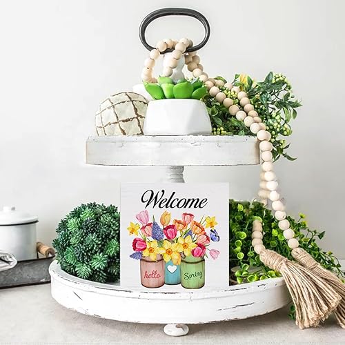 Miniatura 7 de Decoración de primavera para el hogar, decoración de primavera con texto en inglés "Hello Spring Flowers", letrero de madera para escritorio, mesa,