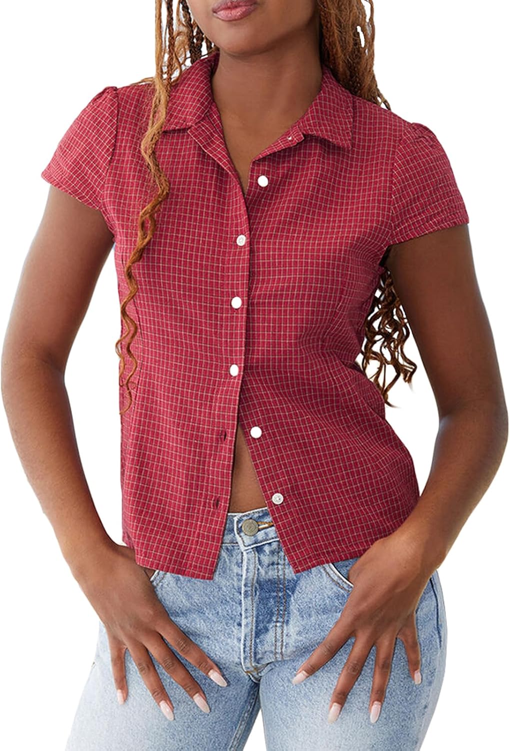 Womens Y2k Plaid Button Down Shirts Lapel V Neck Short Sleeve Slim Fit Blouse Casual Work Office Crop Tops