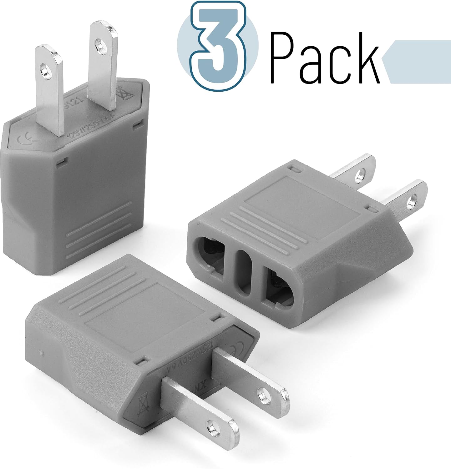 Bates- European to US Plug Adapter, 3 Pack, EU to US Adapters, Europe to USA Plug Adaptor, Travel Adapters European to American, Canada, Mexico, 220V to 110V Plug Pin Converter, Type A