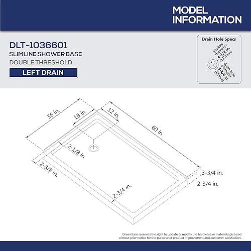 Miniatura 2 de DreamLine SlimLine DLT-1036601 - Base de ducha de doble umbral de drenaje izquierdo de 36 pulgadas de profundidad x 60 pulgadas de ancho x 2 34