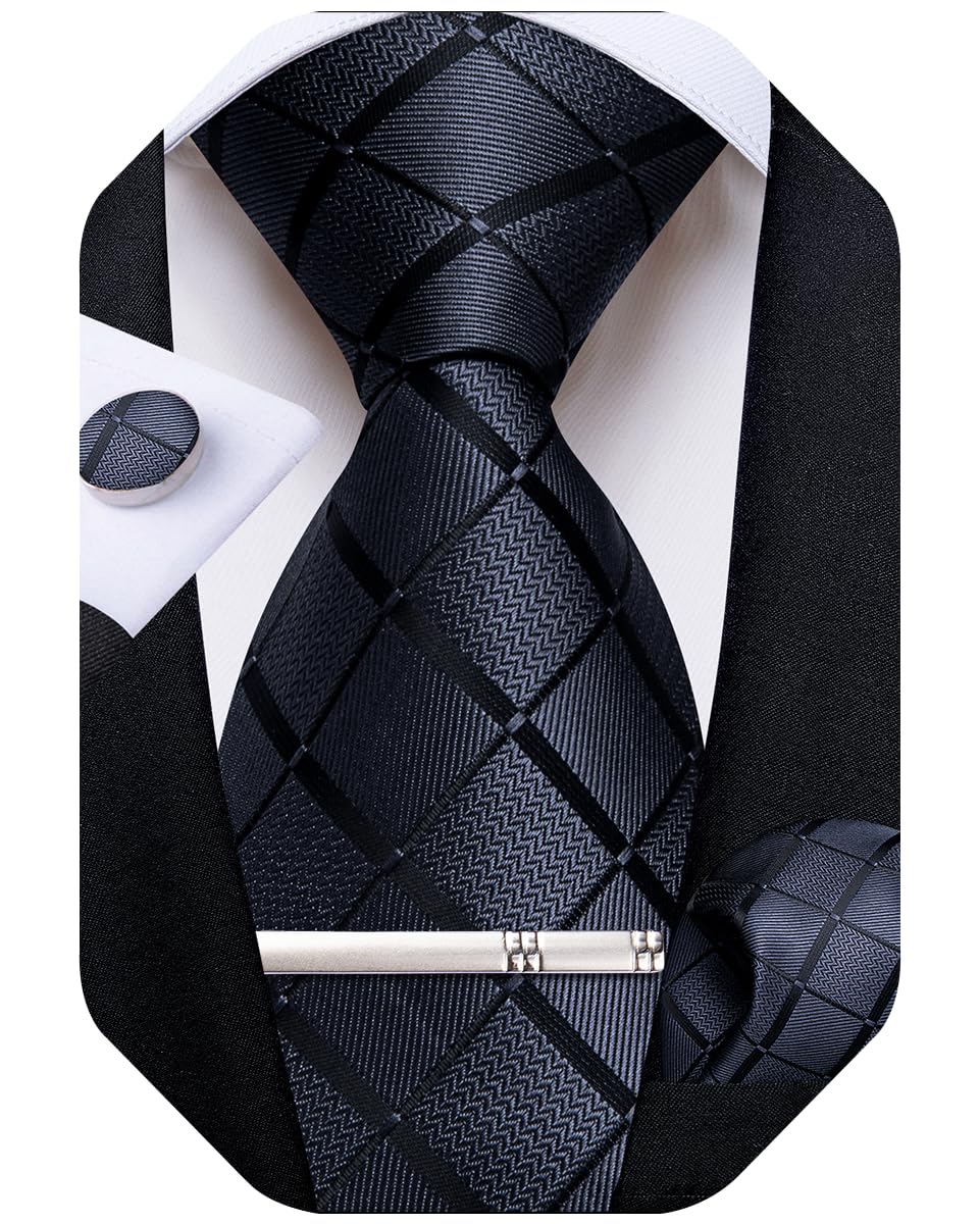 DiBanGu Mens Silk Plaid Tie and Pocket Square Set