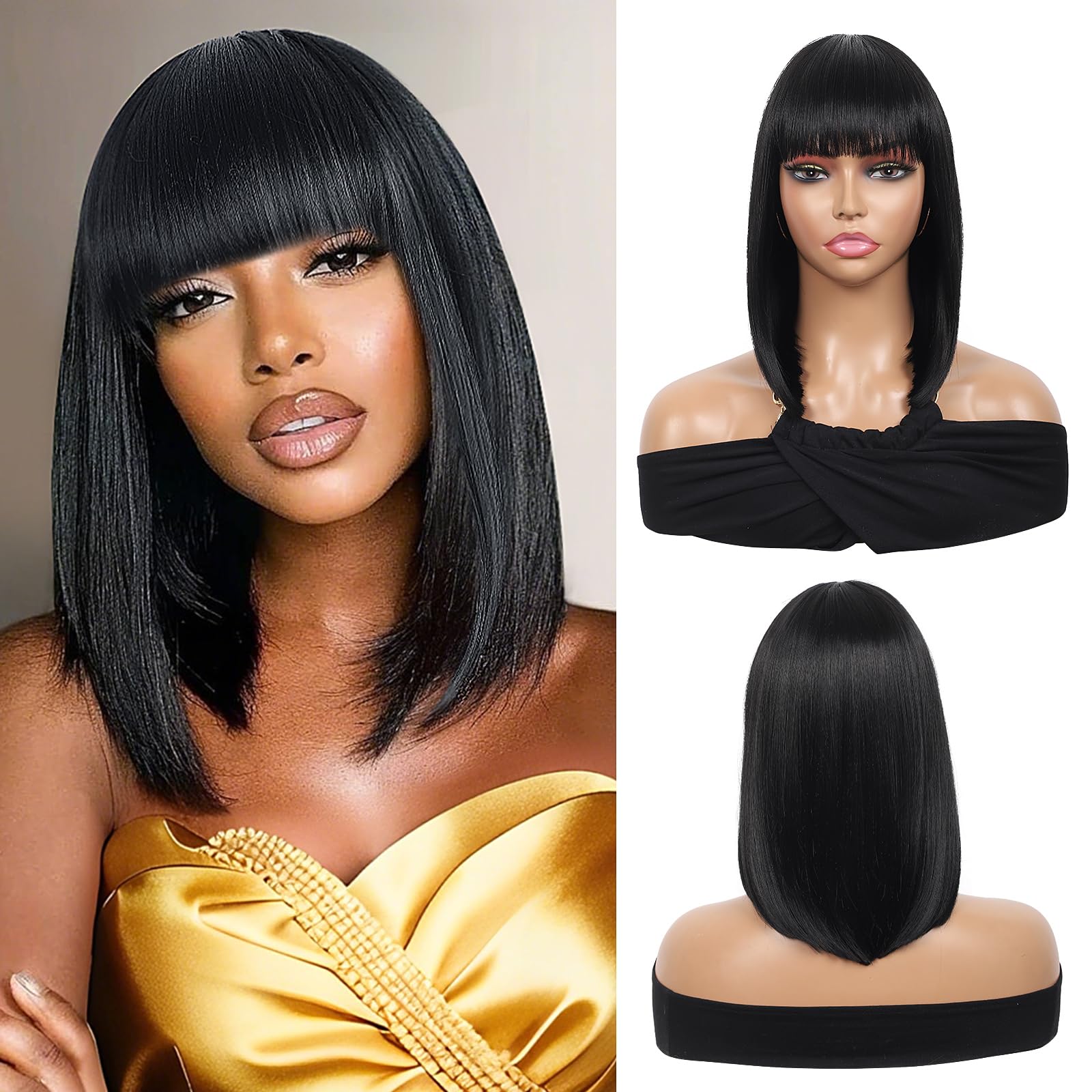 Black Short Straight Bob Wig with Bangs Glueless Natural Look Easy Wear 13“ Black 13 Inch