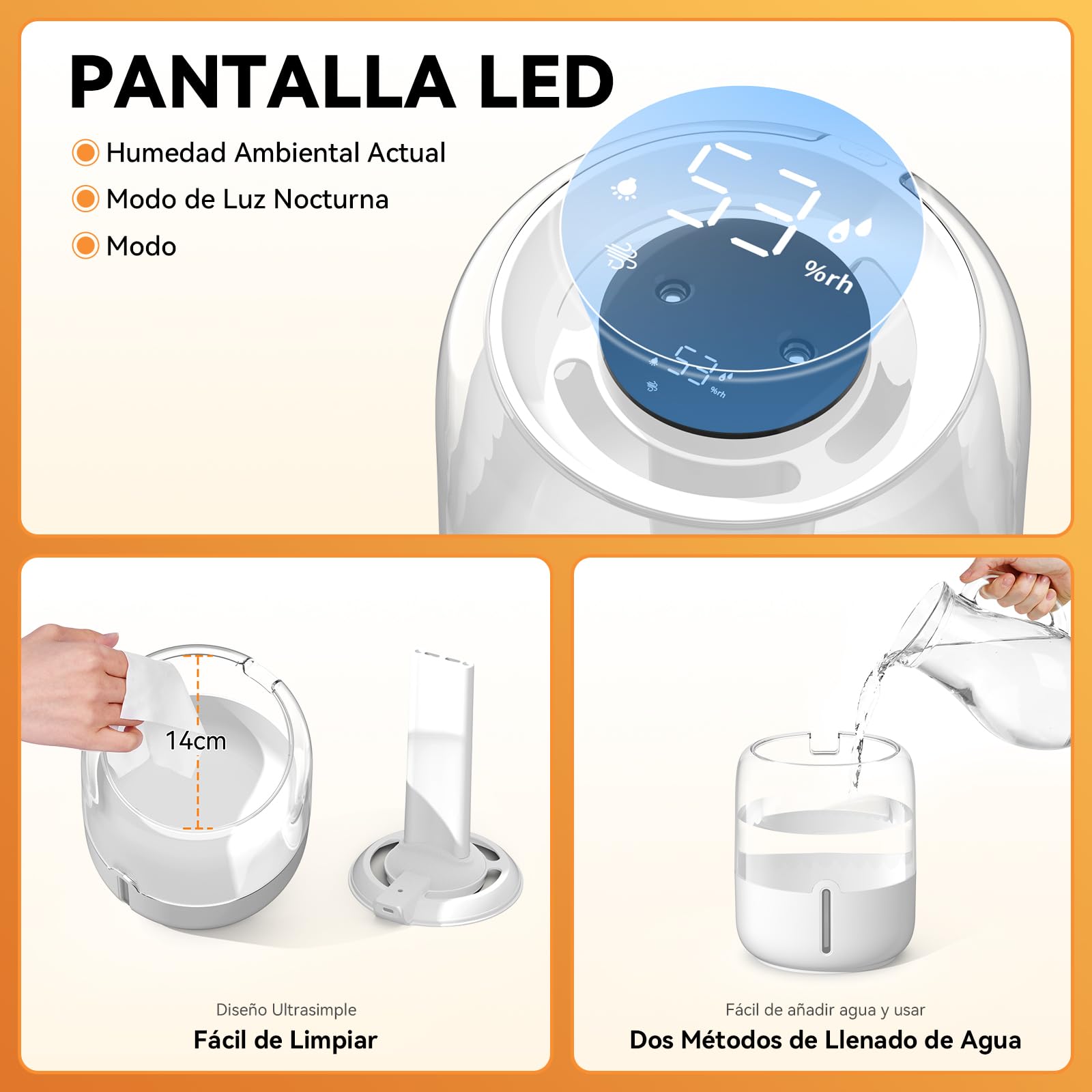 Humidificador 3.8L Top-Fill Silencioso 36dB 30H Autonomía Luz Nocturna Apagado Automático para Bebés y Plantas