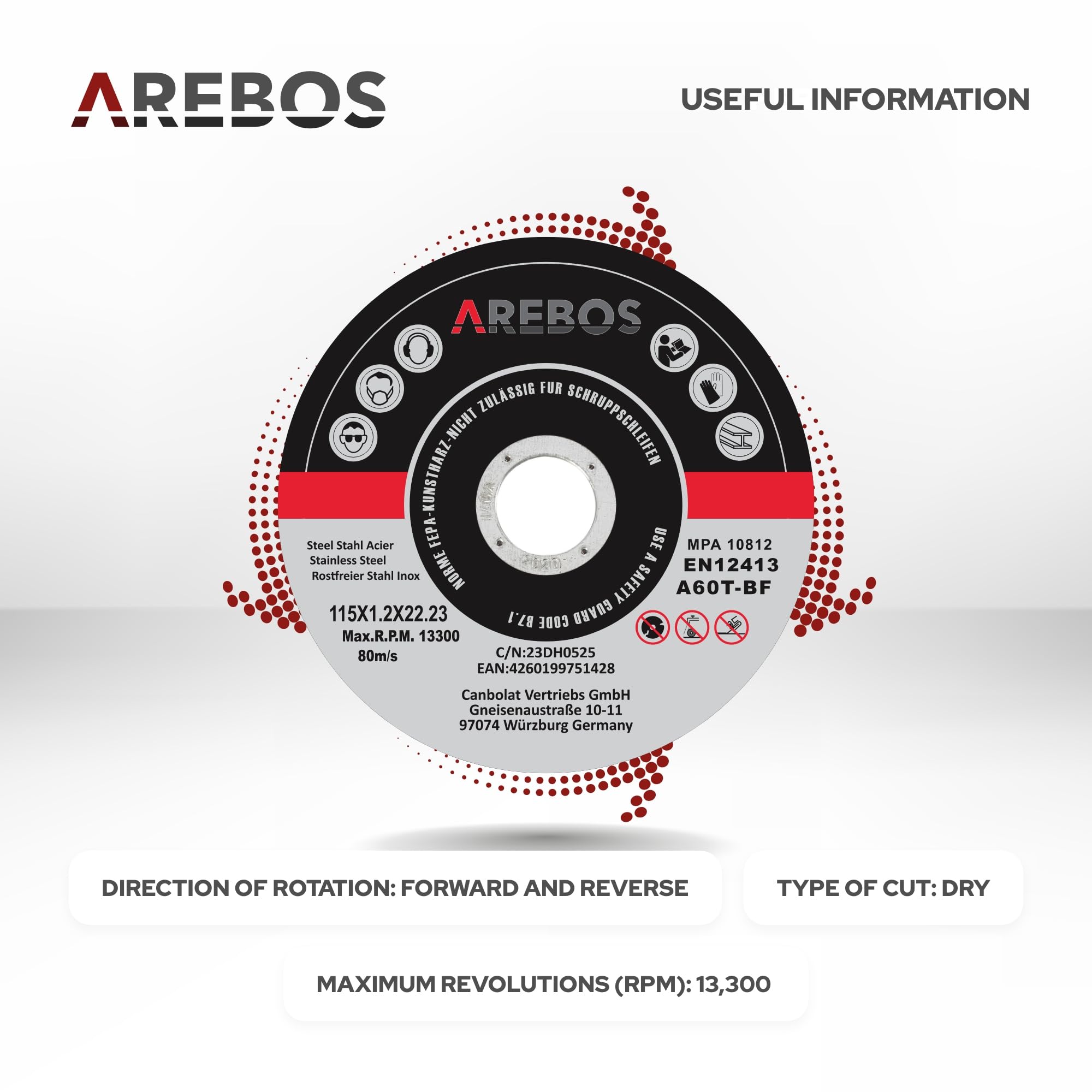 Arebos Discos de corte 200 piezas | Ø 115 mm x 1 mm x 22,2 mm | apto para acero, acero inoxidable, inox, hierro, chapa, metal | avance y retroceso | certificado EN 12413 | (MPA)
