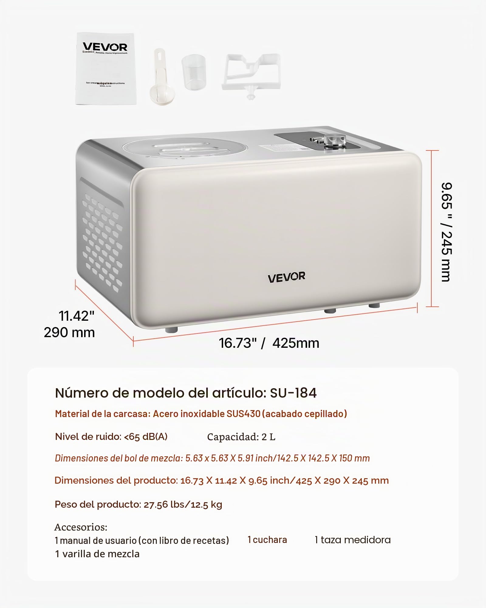 VEVOR Máquina Automática para Hacer Helados 2 L con Compresor Incorporado sin Precongelación Heladera Automática de 3 Modos 425 x 290 x 245 mm con Tapa Transparente para Cocina Doméstica, Blanco