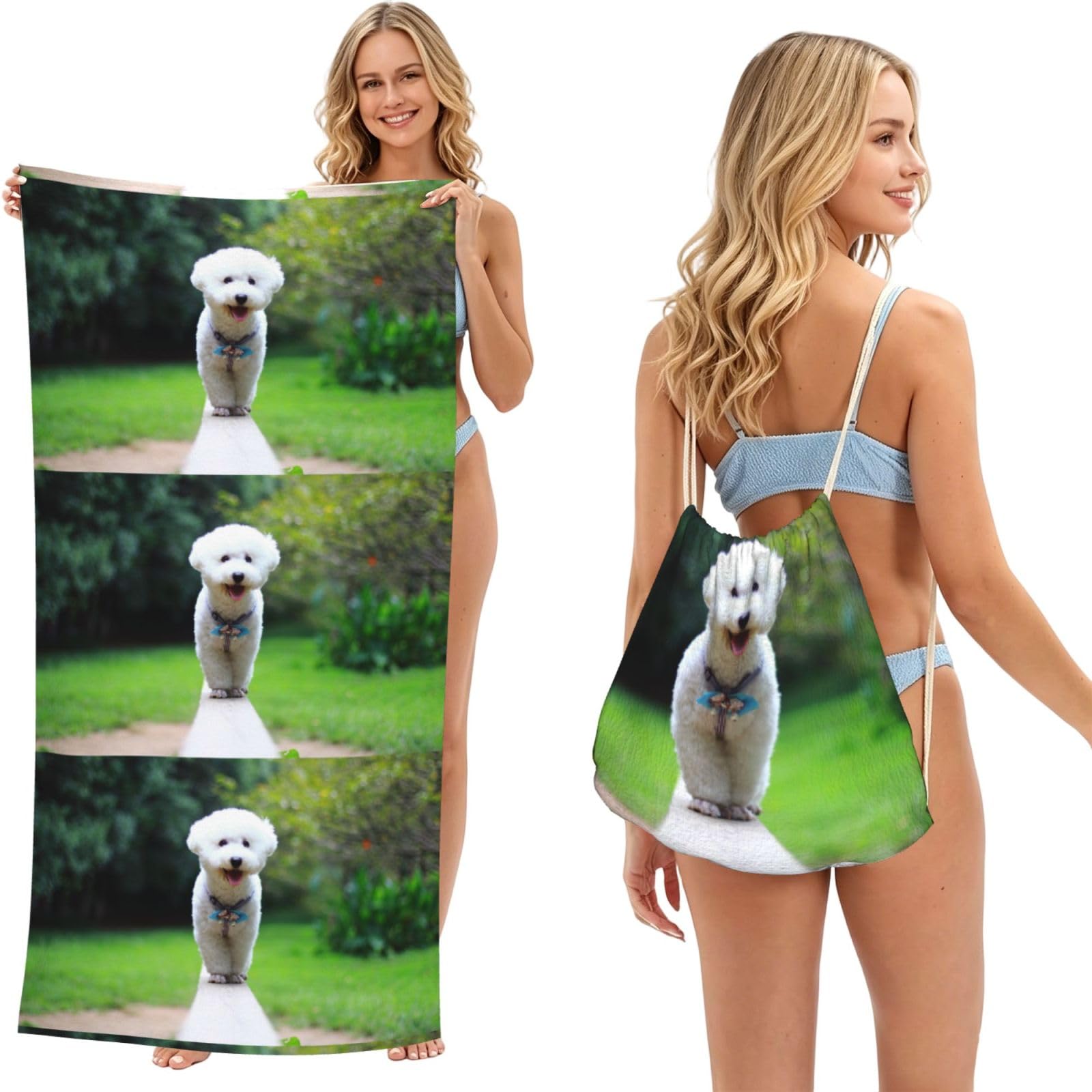 Poadnly As Picture Bichon Frise Bokeh Pets Dogs Park White Dogs, 2 In 1 Packable Towel Bag, Beach Towels With Drawstring Backpack For Travel Holiday Camping