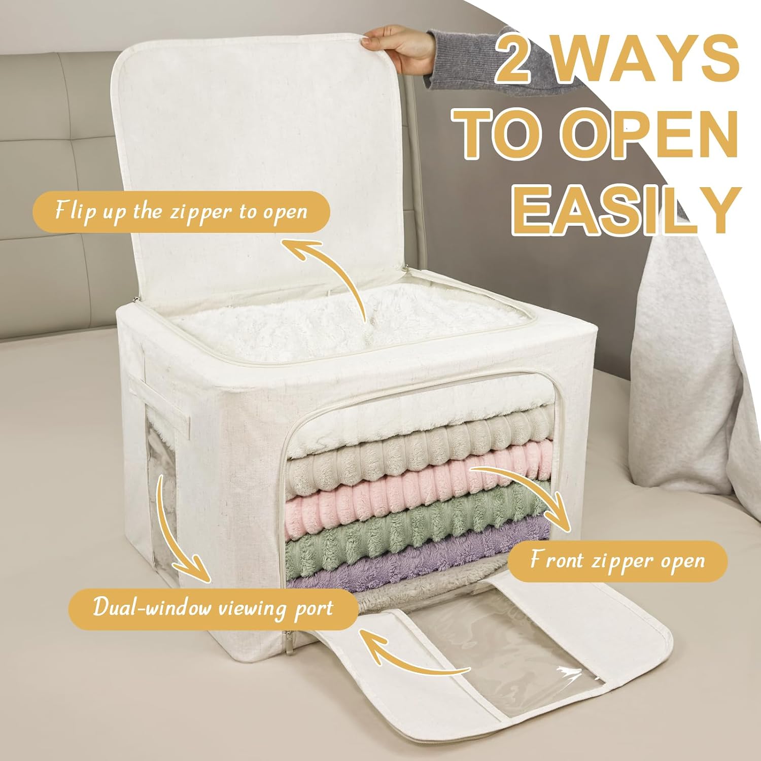 3 Pack Clothes Storage Bins with Metal Frame,Foldable Storage Bin with Lid for Clothes,Stackable Cotton Linen Fabric Organizer Set with Carrying Handles and Clear Window(Beige, 66L)