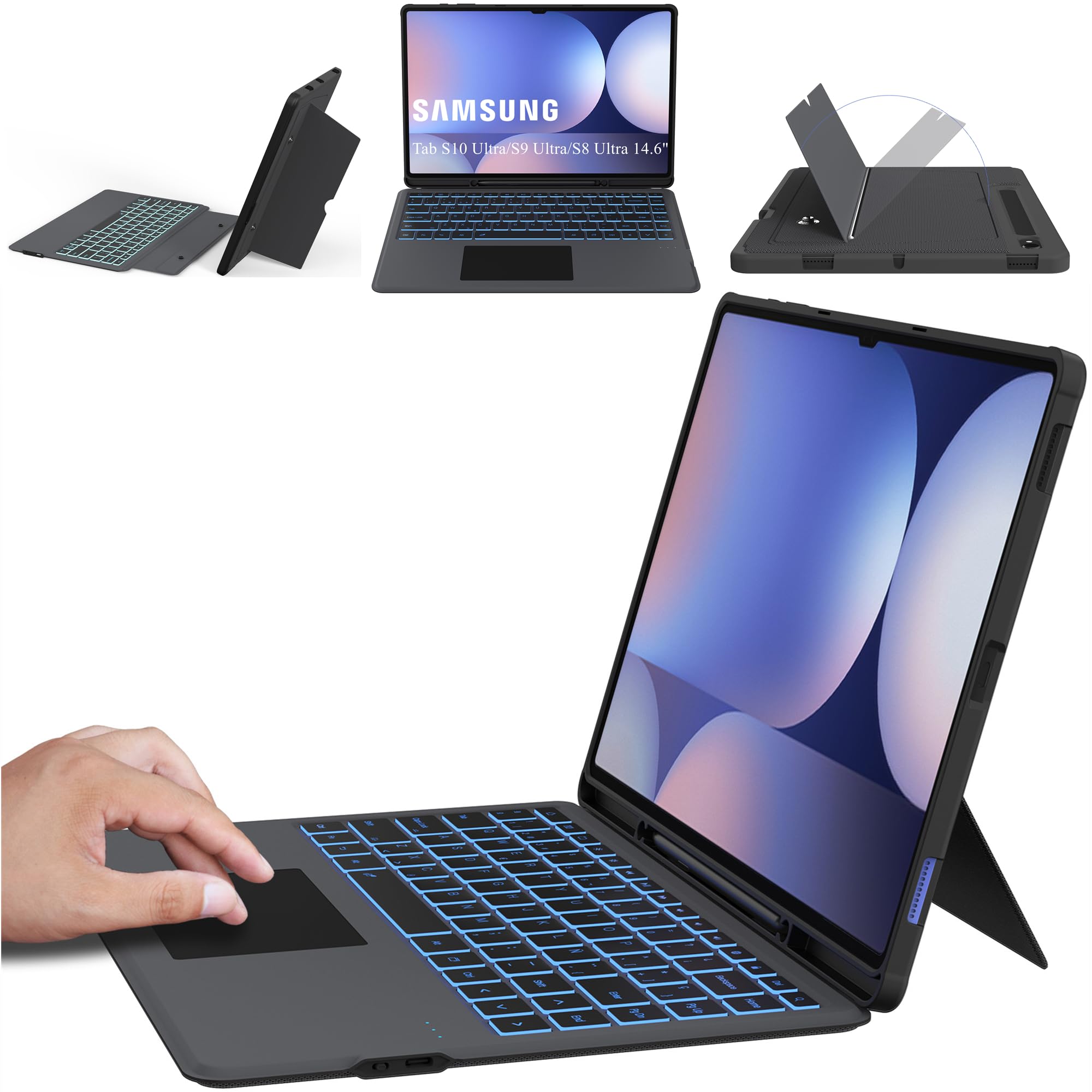 Funda con Teclado Español Ñ para 14,6" Samsung Galaxy Tab S10 Ultra/S9 Ultra/S8 Ultra: Retroiluminación de 7 colores + panel multitáctil - Teclado extraíble con función de apagado/encendido automático