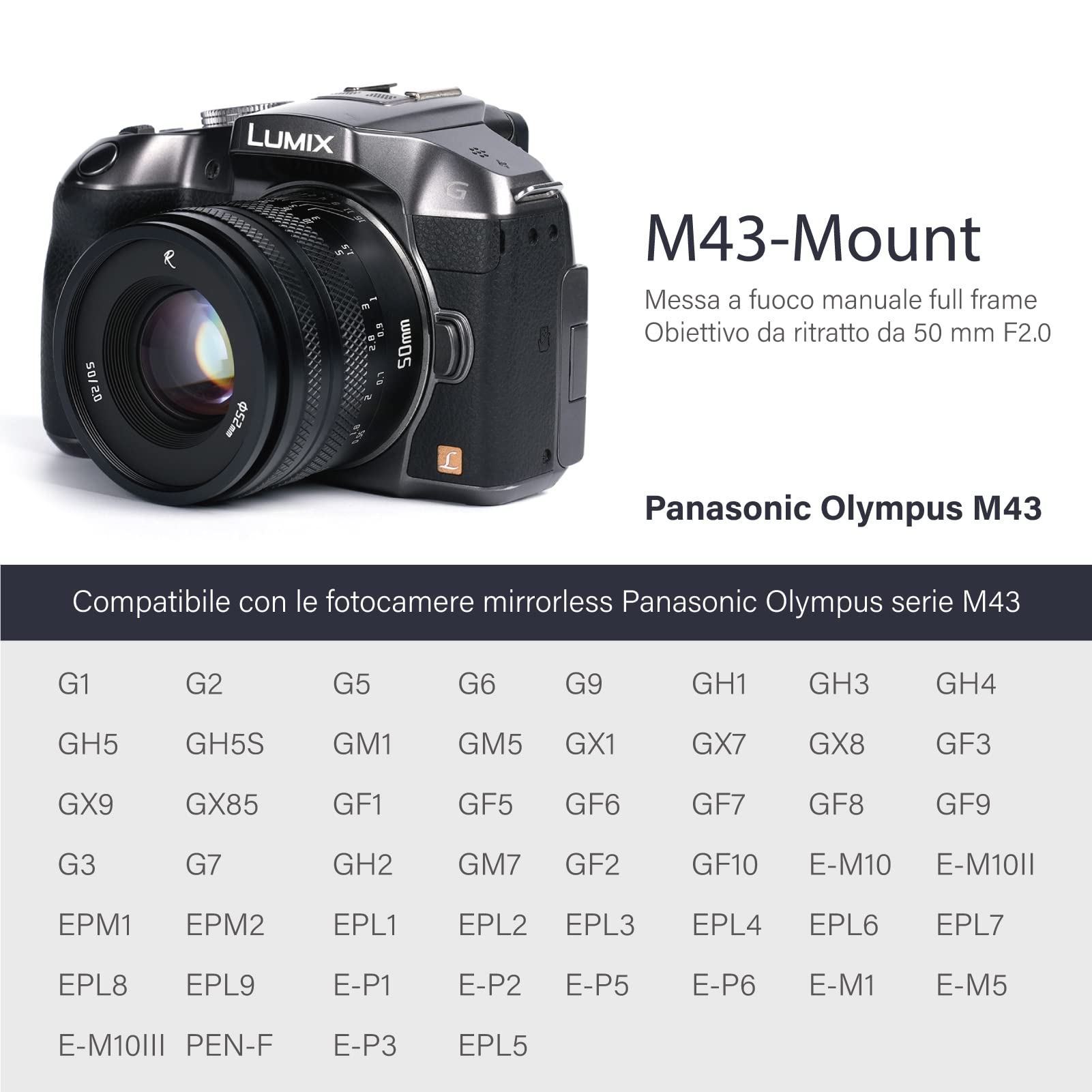 AstrHori 50 mm F2.0 Obiettivo per ritratto full frame manuale ad ampia apertura compatibile con Panasonic LUMIX Olympus Micro 4/3-Mount Mirrorless Camera G1,G2,G3,G5,G6,G9,GH1,GH2,GH3,GH4, GH5,ecc