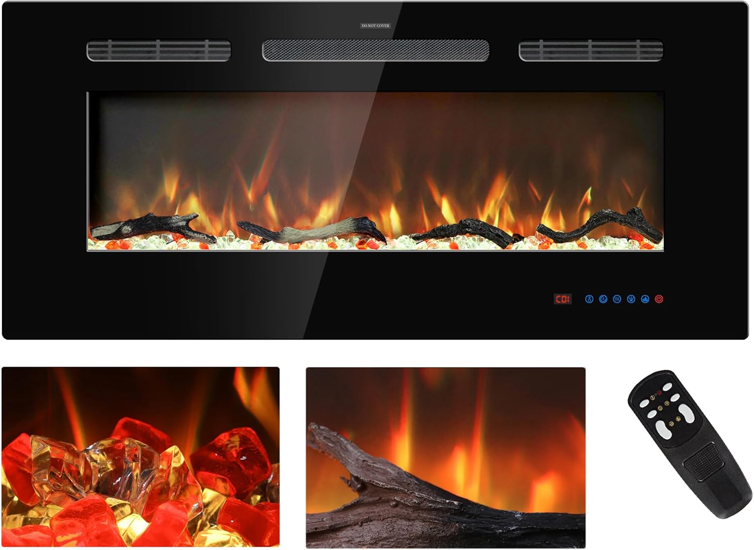 39 inches Electric Fireplace Inserts, Recessed and Wall Mounted Fireplace Heater, Linear Fireplace w/Thermostat, Remote & Touch Screen, Multicolor Flame, Timer, Log & Crystal, 750W/1500W Black 39"