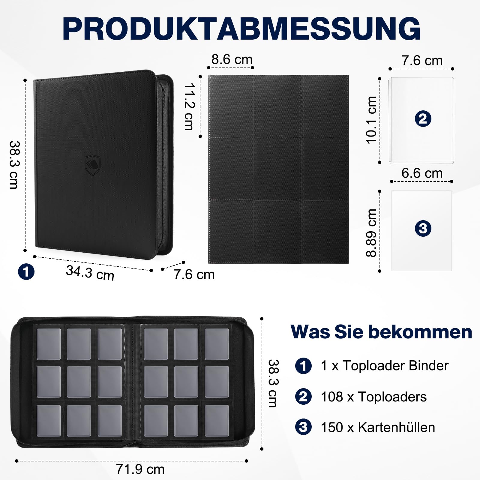 Toploader Sammelkarten Album für 288 Toploader, 108 Toploaders Inklusive, Premium-PU-Cover Kartenordner für 3" x 4" Rigid Toploader, Ringloses beidseitiges Toploader-Sammelalbum für TCG & Sportkarten