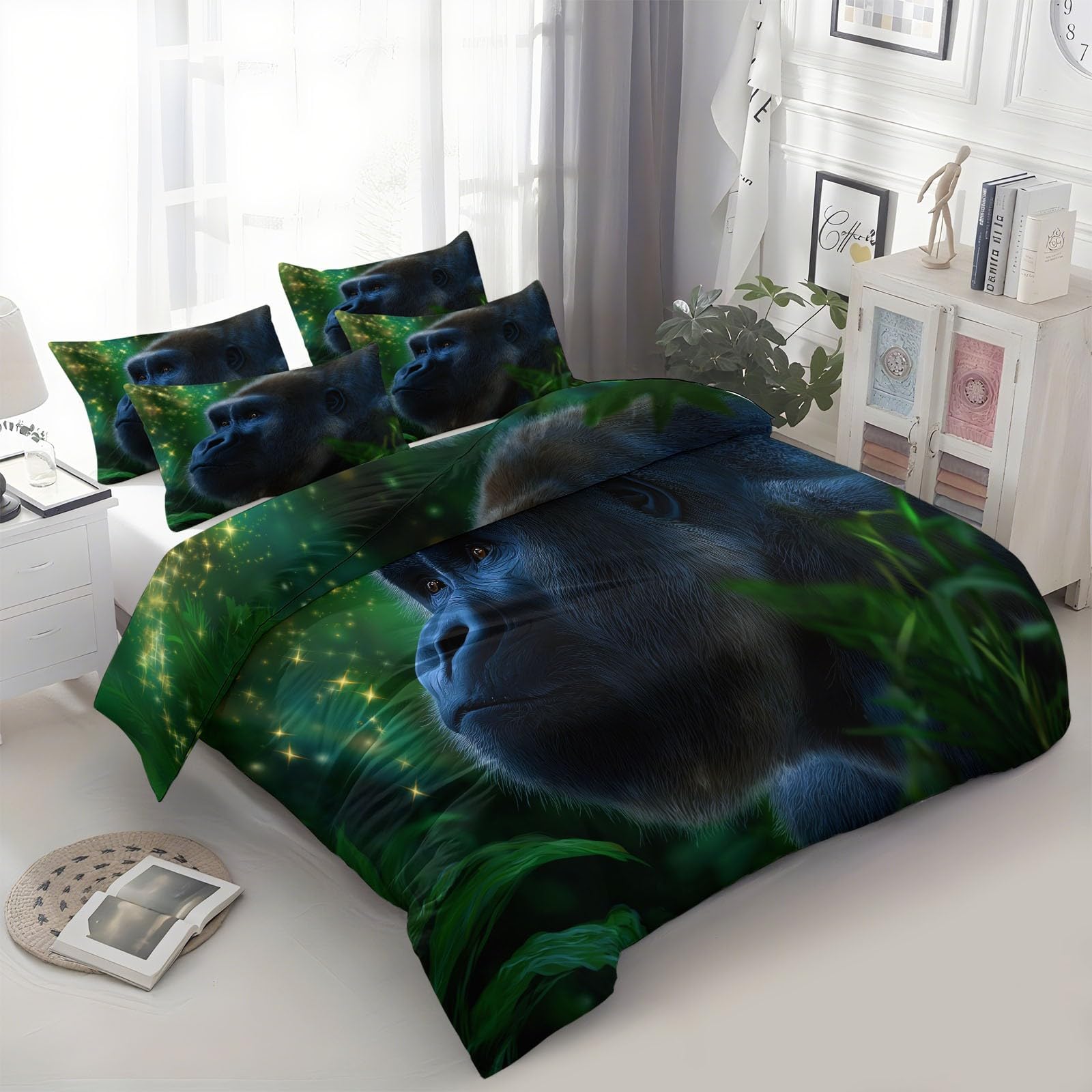 Generisch Pościel Fantasy Cartoon Gorilla – 240 x 220 cm poszwa na kołdrę – zestaw pościeli z mikrofibry z zamkiem błyskawicznym, miękka i nie wymaga prasowania, ciemnozielona, antyalergiczna, dla