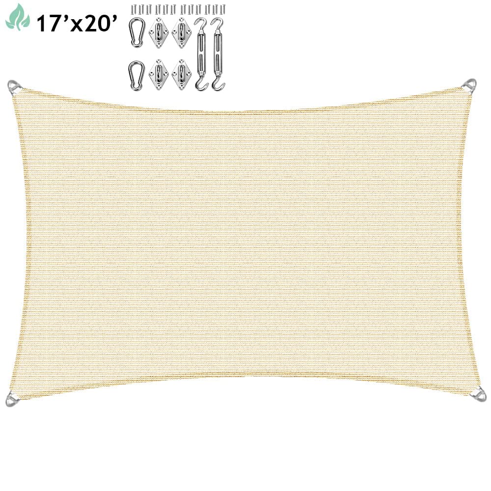 SunnyRoyal 17'x20' Sun Shade Sail Super A Ring Wire Cable Inside Commercial Grade with Hardware Kits Rectangle Canopy Awning UV Block Heavy Duty Outdoor Patio Carport (Beige)