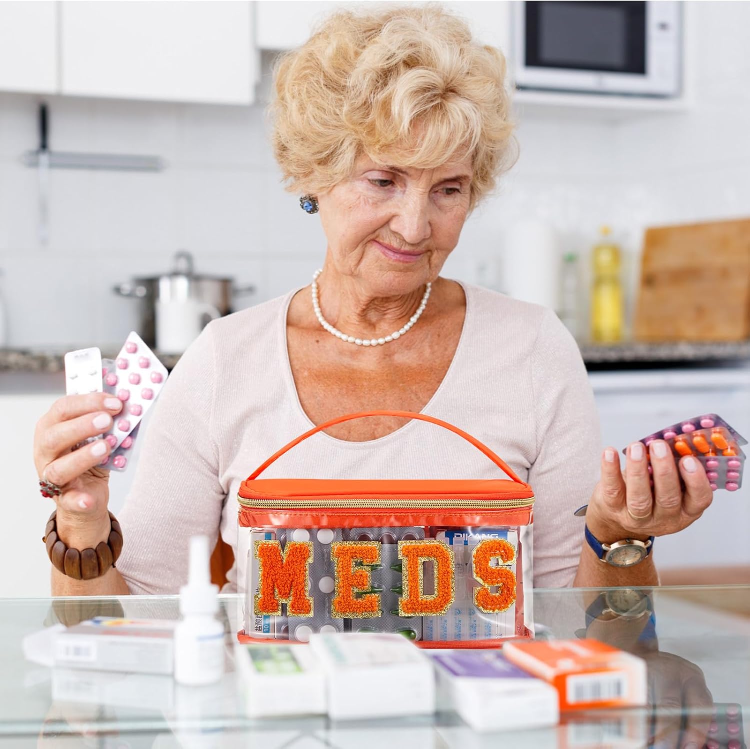 Geetery Chenille Letter Bag, Meds Cheer Travel Cases Cheerleader Gifts Cosmetic Bag Nylon Makeup Portable Preppy Patch with Zipper Toiletry Storage Case for Women(Orange,Meds) - Image 5