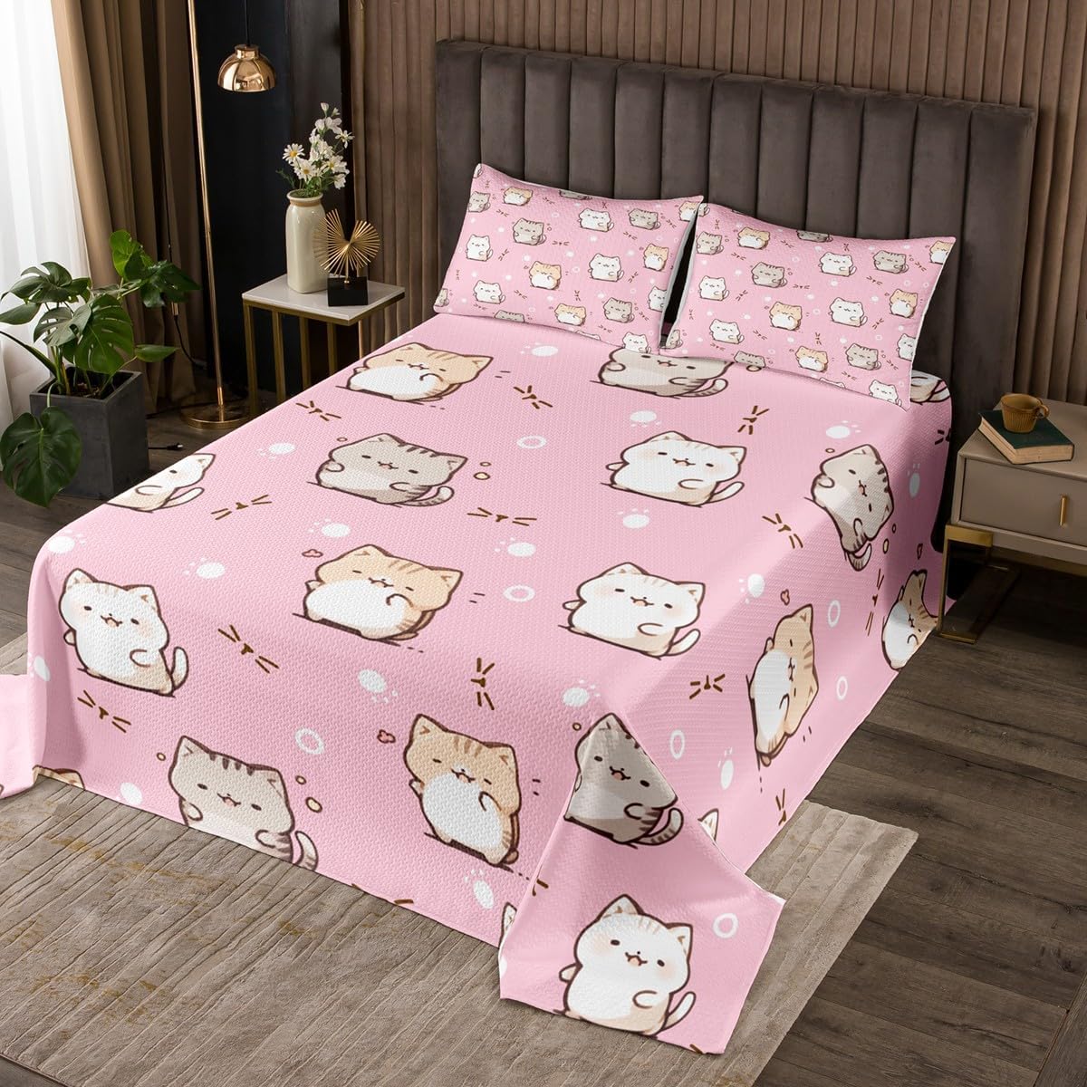 Cute Cartoon Cat Pet Coverlet Set Chic Strawberry Fruit Quilted Coverlet Pink Dot Watercolor Comforter Set Bedspreads Quilt Set for Children Kids Coverlet Set,Twin Size 2 Pcs