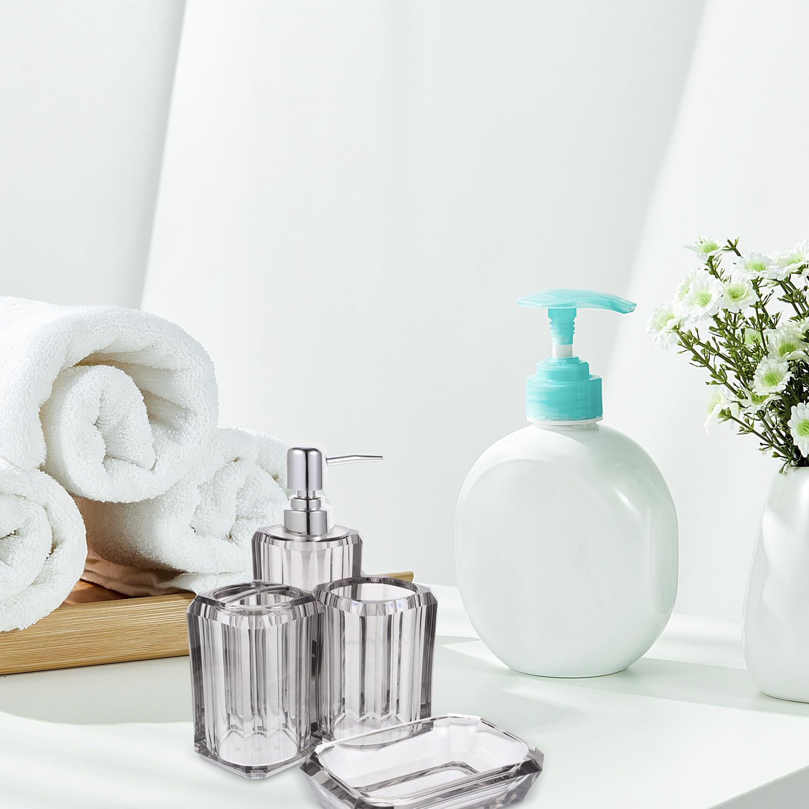 MERRYHAPY 1juego Accesorios de Baño Transparente con Dispensador de Jabón Vaso para Cepillo de Dientes Jabonera y Botella de Loción para Encimera Resistente y Decorativo para Uso Doméstico