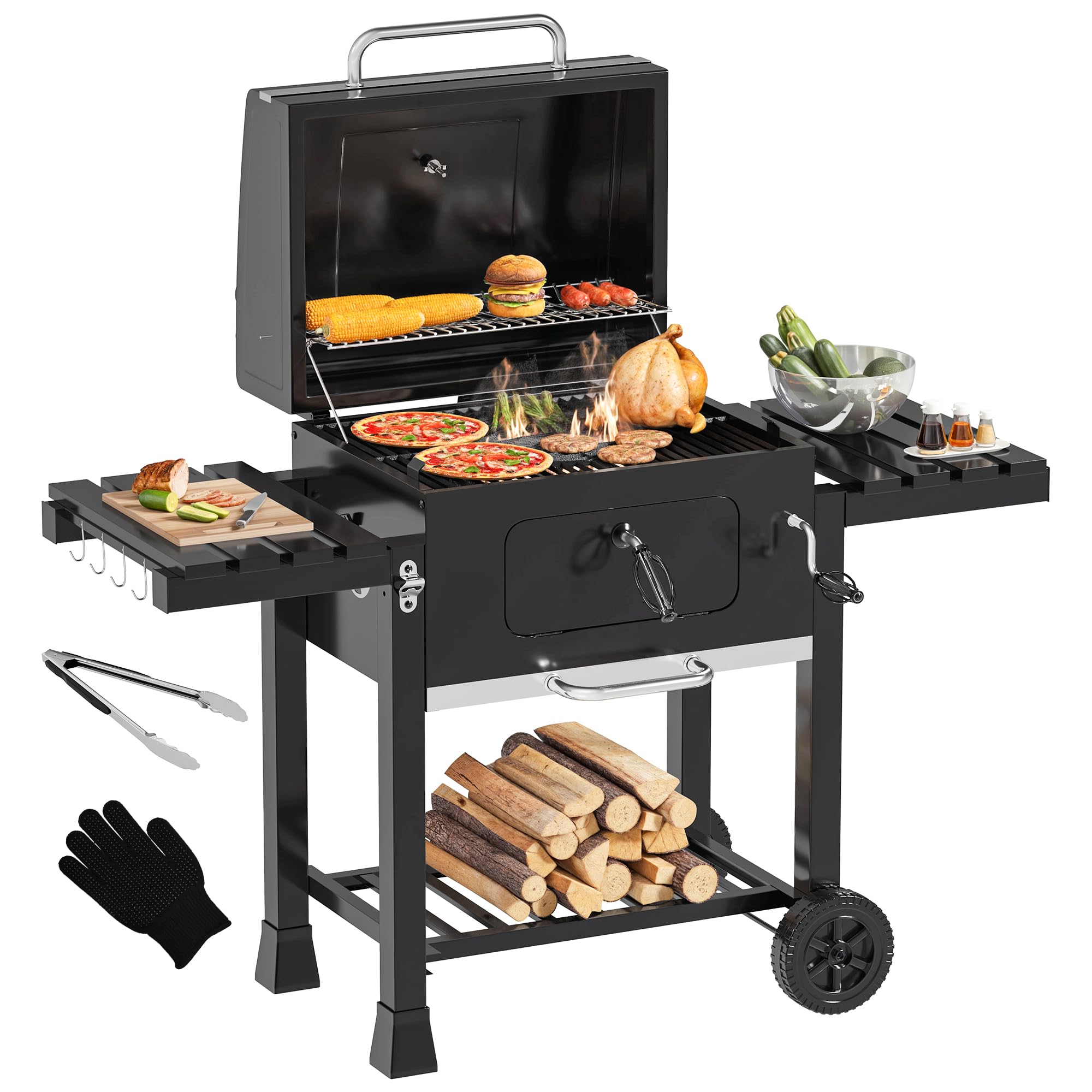 Grill węglowy, wytrzymały, z rusztem żeliwnym i regulowaną tacą na węgiel, przenośny, do ogrodu, na kemping, imprezy na świeżym powietrzu, zawiera żaroodporne rękawice i szczypce do grilla