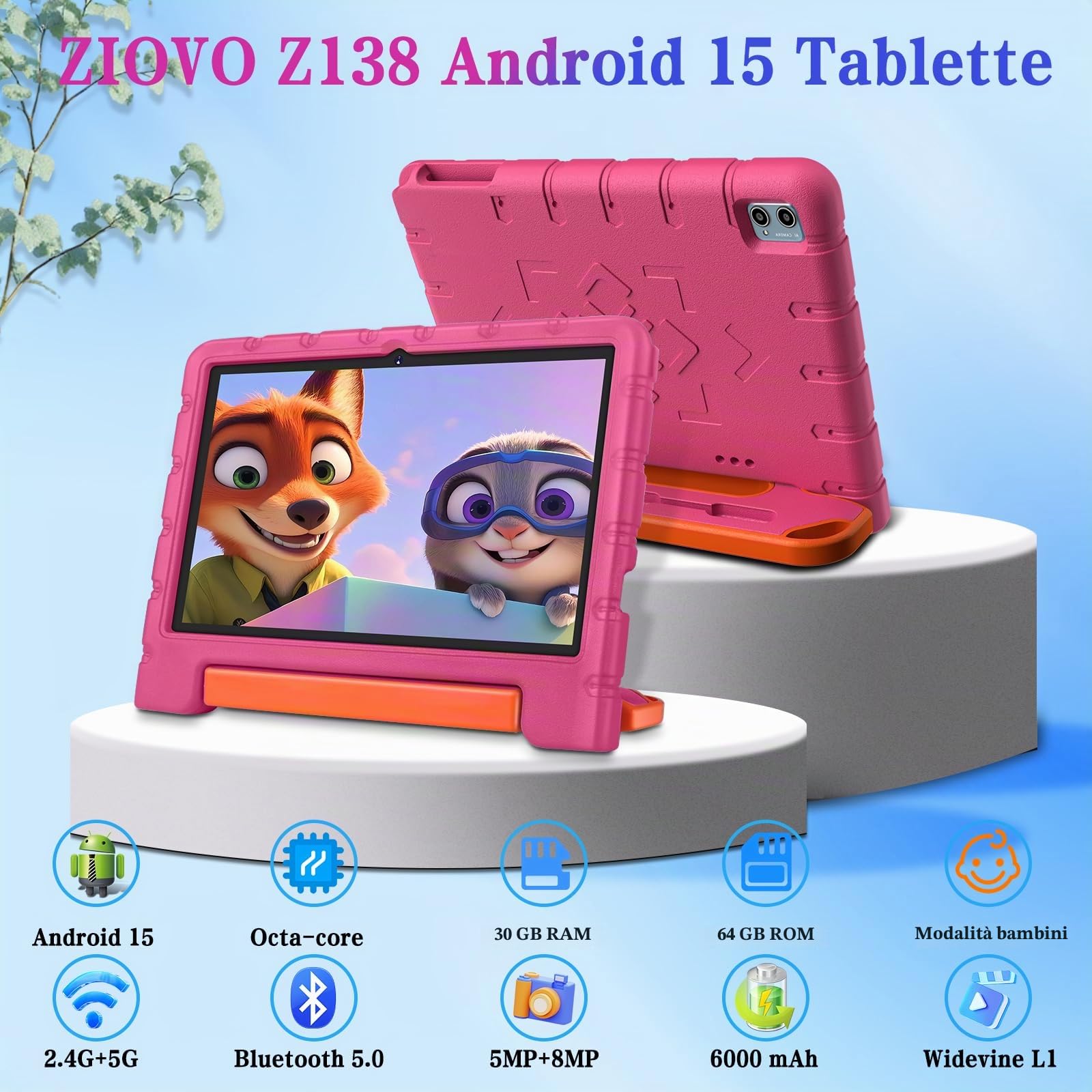 ZIOVO Tablet Bambini 10 Pollici Tablets Android 15, 30GB RAM+64GB ROM(TF 2TB), 5G WiFi Tablets,Gemini AI/Octa-Core/Widevine L1/Face ID/Parentale Controllo/6000 mAh/BT 5.0, Tablet con Eva Caso - Rosa