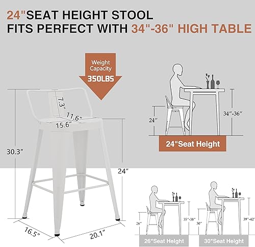 Miniatura 2 de ALISH Juego de 4 taburetes de bar de 24 pulgadas, taburetes de bar industriales de metal con asiento grande para isla de cocina (24 pulgadas, blanco)