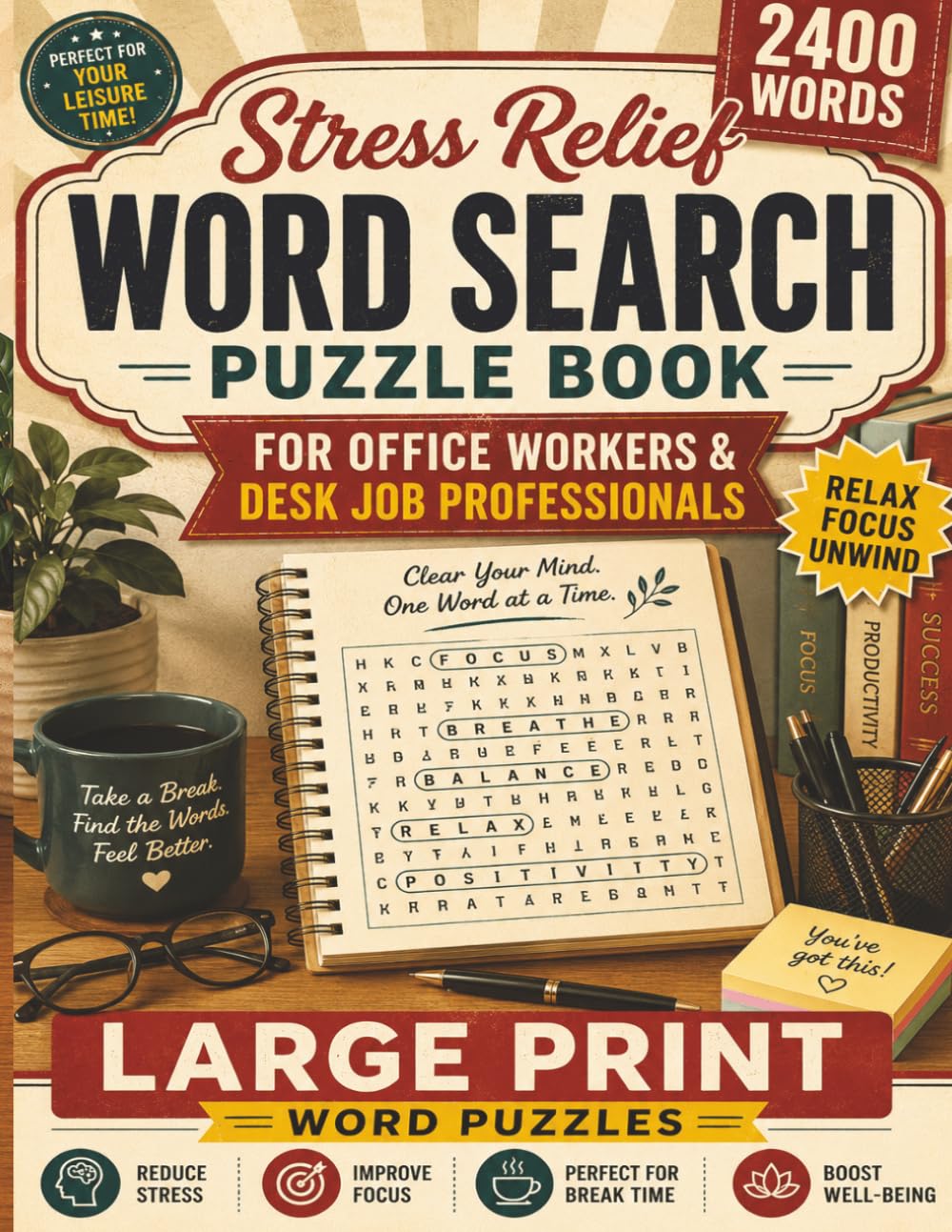 Stress Relief Word Search Puzzle Book for Office Workers and Desk Job Professionals: Large Print Relaxing Puzzles to Unwind After Long Workdays