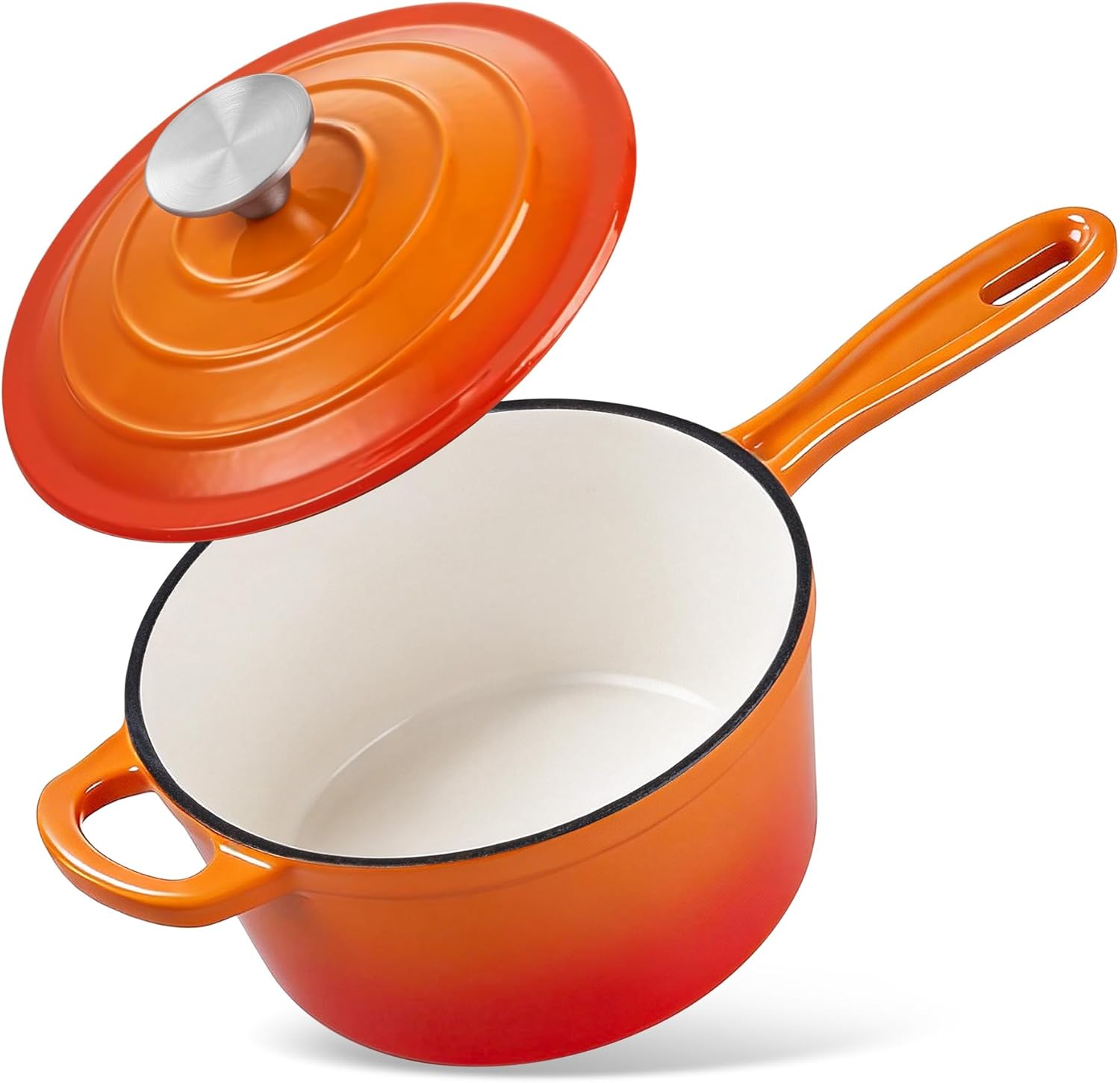 Small Cast Iron Pot, Homikit 2 QT Enameled Cast Iron Sauce Pan with Lid, Heavy Duty Enamel Dutch Oven Kitchen Cookware for Making Pasta, Boiling Soup, Warming Milk, Nonstick & Oven Safe, Flame Orange