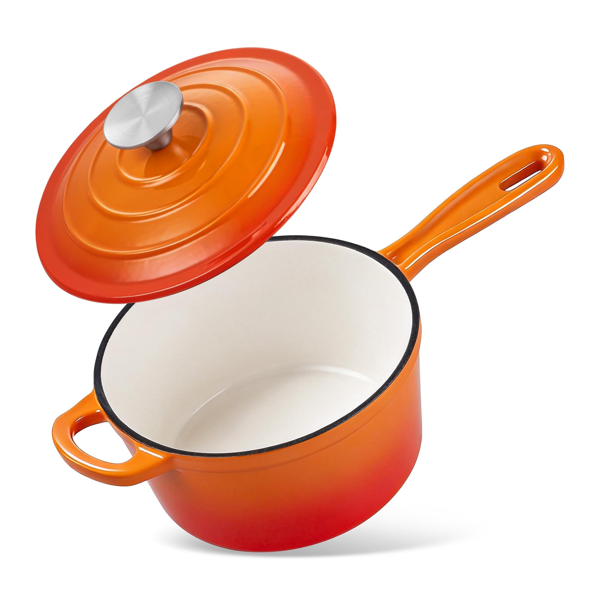 Homikit Small Cast Iron Pot, 2 QT Enameled Cast Iron Sauce Pan with Lid, Heavy Duty Enamel Dutch Oven Kitchen Cookware for Making Pasta, Boiling Soup, Warming Milk, Nonstick &amp; Oven Safe, Flame Orange
