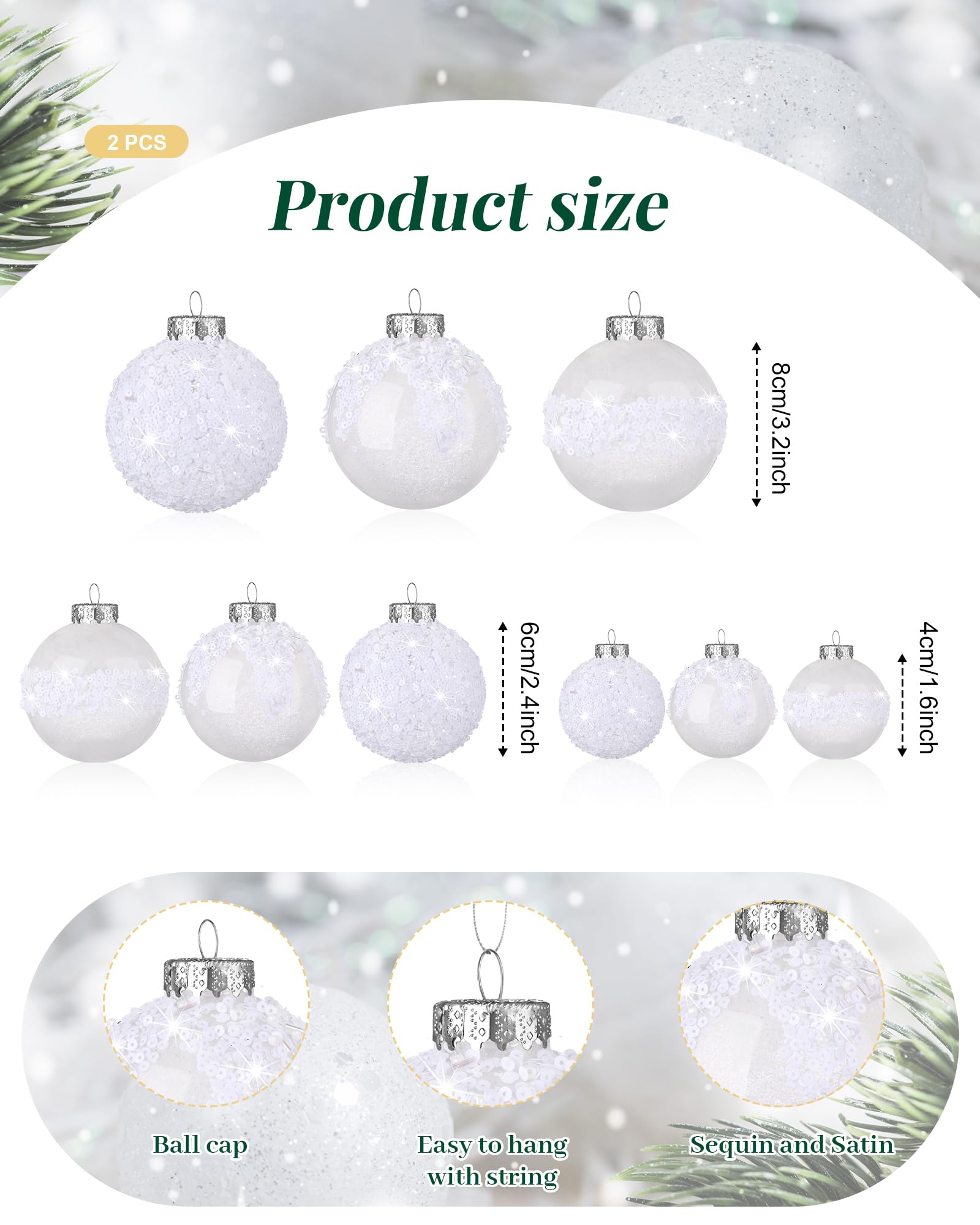 Civaner Juego de 24 adornos de bolas de Navidad con purpurina de 3.2 pulgadas, 2.4 pulgadas, 1.6 pulgadas, bolas inastillables para adornos de árbol de Navidad, bolas de Navidad colgantes de