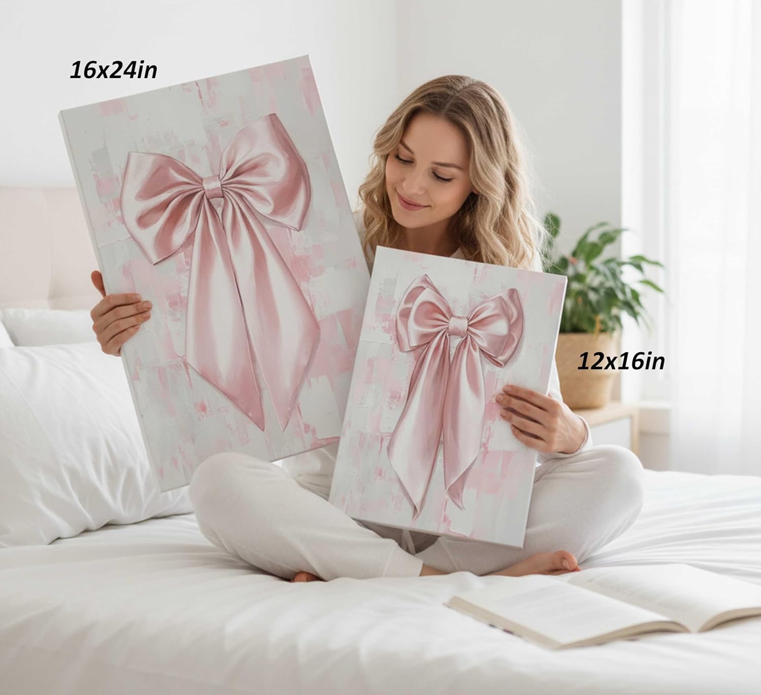 3Pcs Pink Bow Canvas Wall Art Trendy Coquette Preppy Bow Aesthetic Paintings Pictures Wall Decor Poster Print Artwork for Girls Room Bedroom Dorm Home Decoration