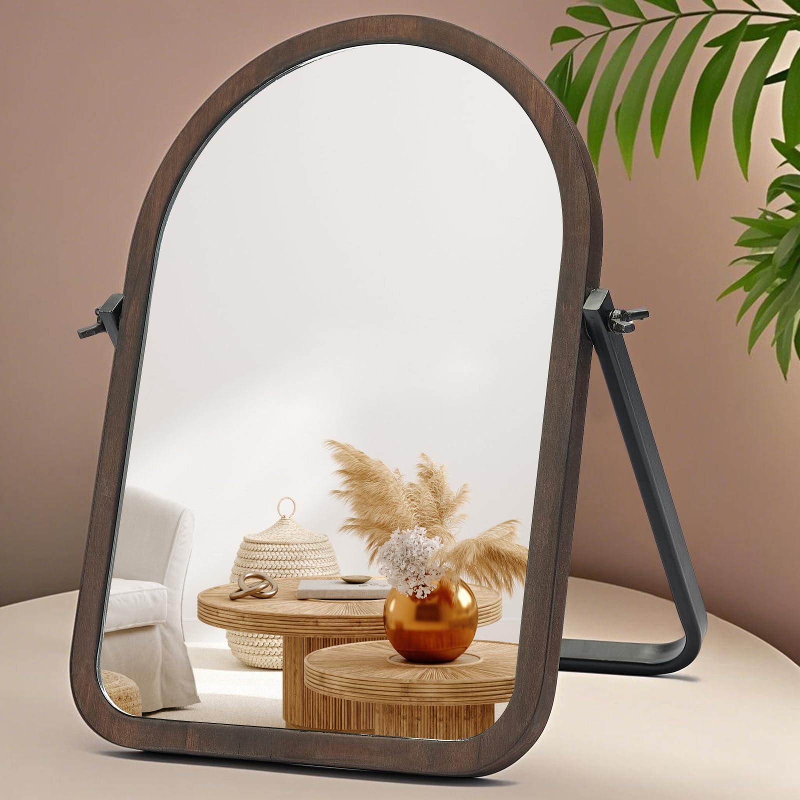 Generic Vintage Table Desk Mirror-Brown Wood Framed Standing