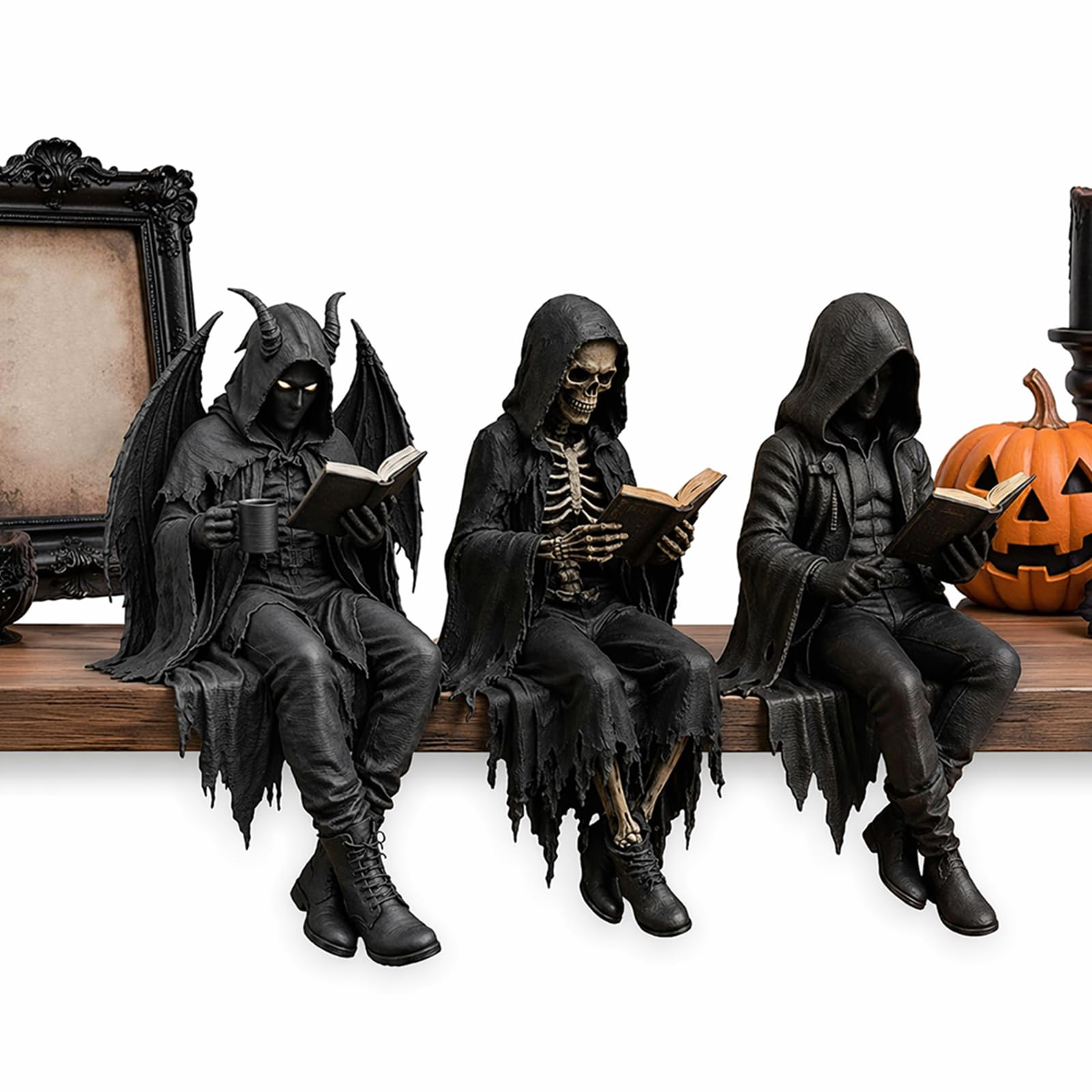 Gothic Reading Statue Set - Grim Reaper Skeleton & Winged Hooded Figurines, Black Robe Sitting Sculptures for Bookshelf, Desktop, Halloween Room Decor, Resin Collectible Gifts
