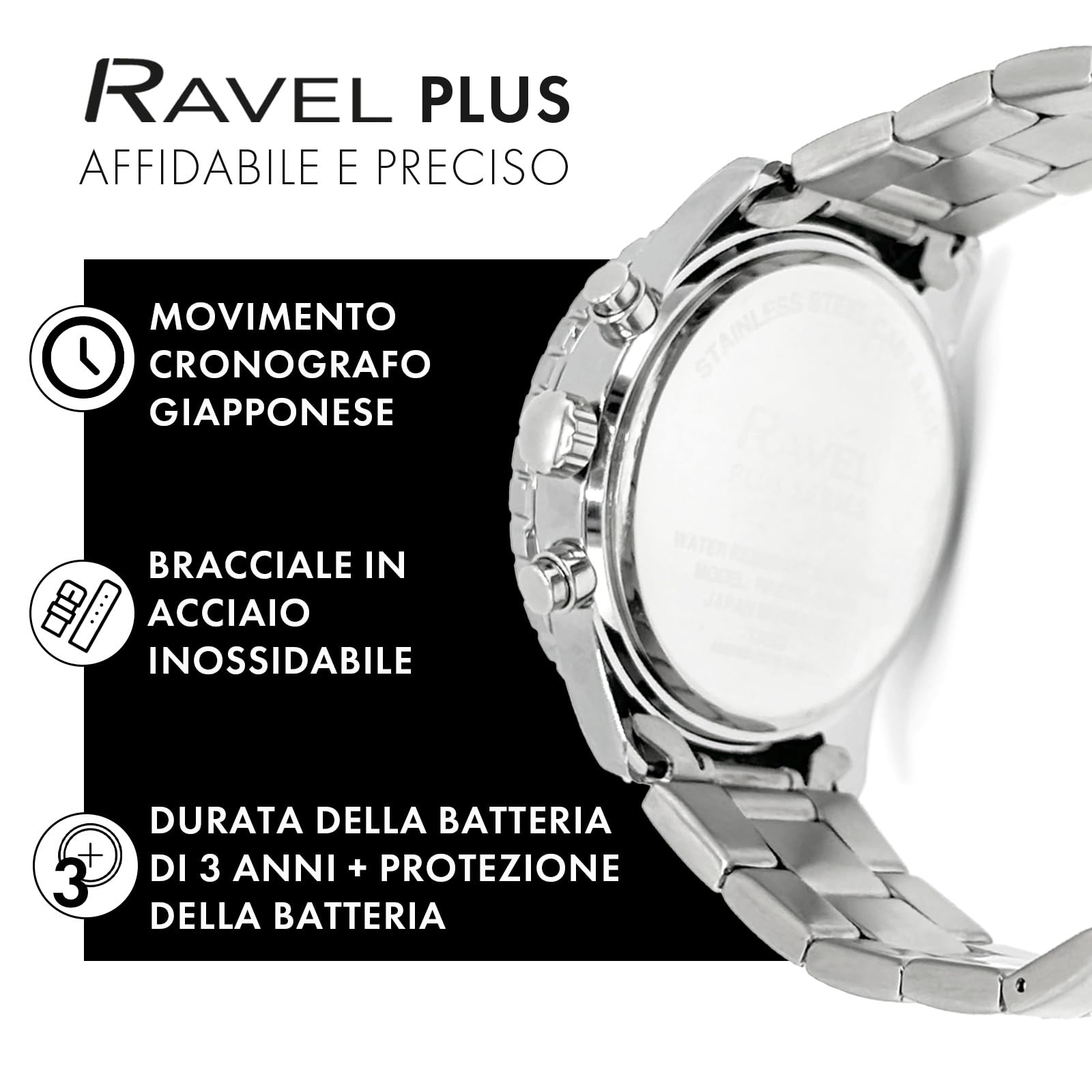 Ravel Plus - Orologio Sportivo da Uomo Cronografo Argento 42 mm con Lunetta Girevole Unidirezionale - 5ATM - Analogico Quarzo - RP.CHR-05-09