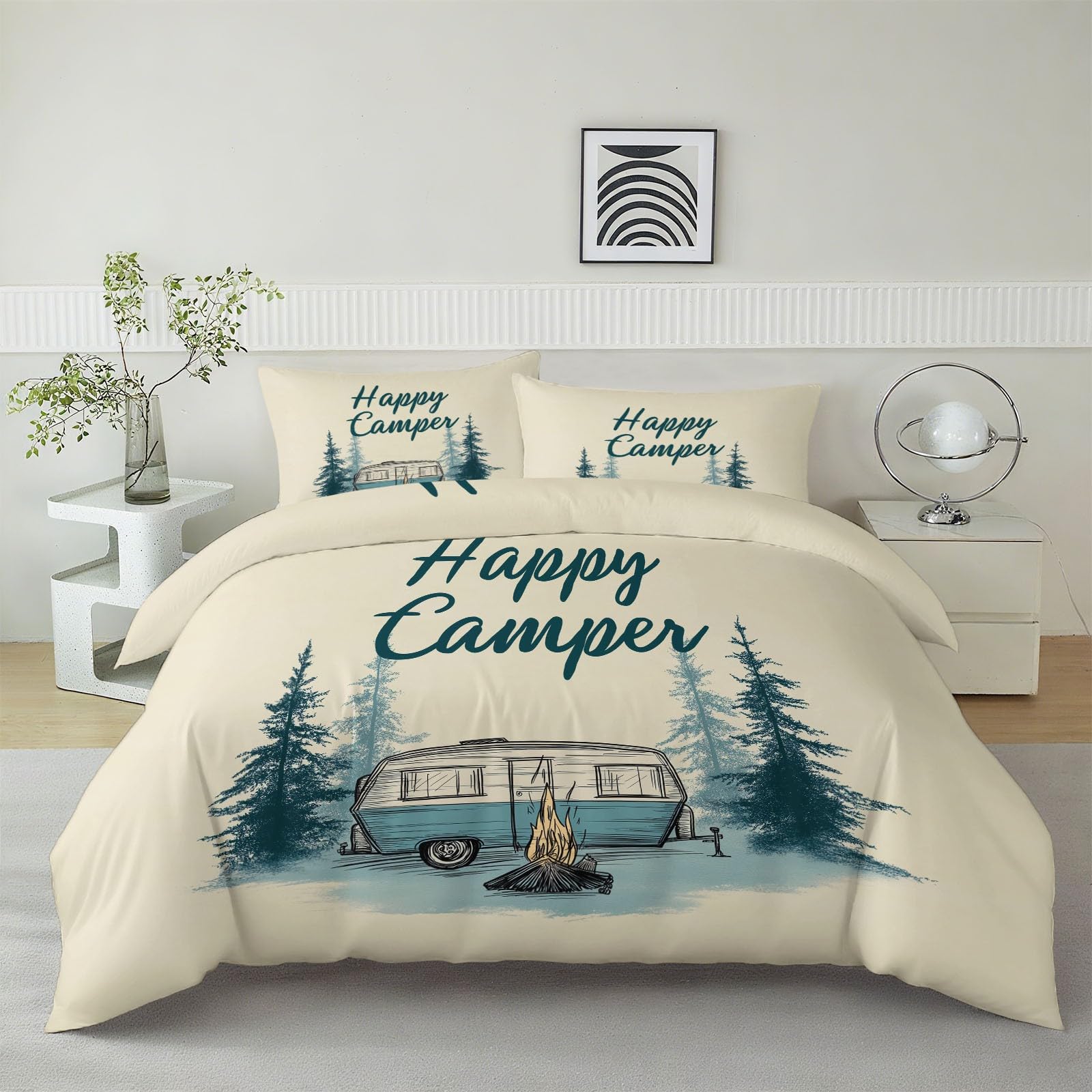 King zestaw pościeli kempingowej Van Bonfire Trees dwustronna poszewka na kołdrę 230 x 220 cm, ultrasoft, hipoalergiczna, nie wymaga prasowania, styl retro, luksusowe zestawy pościeli z zamkiem