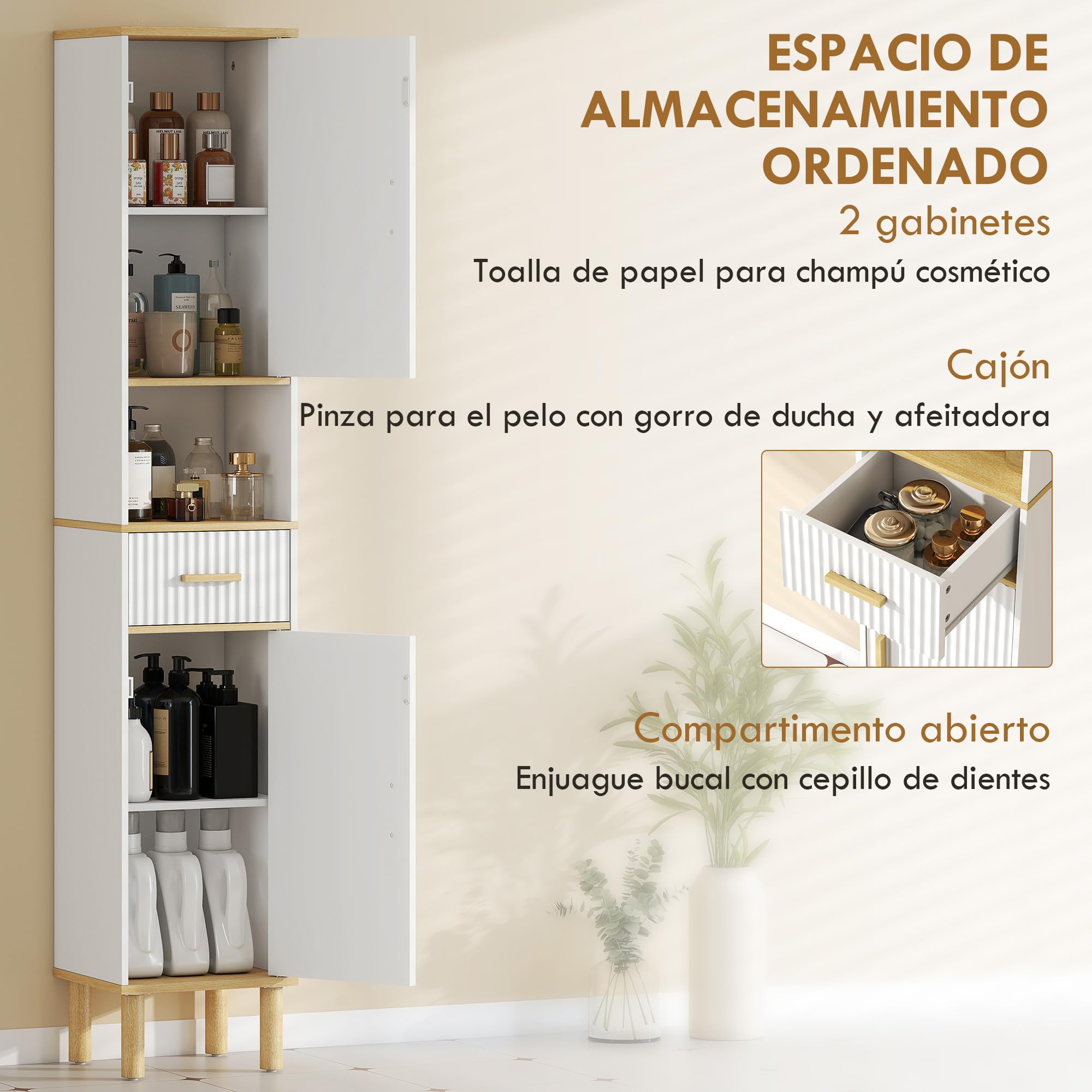 HOMCOM Armario de Baño Alto Estrecho con Patas 31,5x29,7x171,5 cm Blanco | Mueble Auxiliar de Baño, Estantes Ajustables, Puertas Acanaladas, Cajón, Estante Abierto, Patas de Madera, Espacios Pequeños