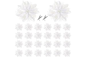 Sggvecsy 24-Piece Artificial White Glitter Poinsettia Flowers for Christmas