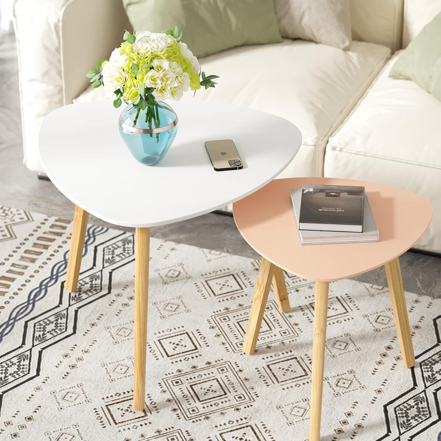 Photo 1 of BAMEOS Bamboo Nesting Triangle End Table,Set of 2 SideTable Modern Minimalist Coffee Table for Living Room (White & Pink)