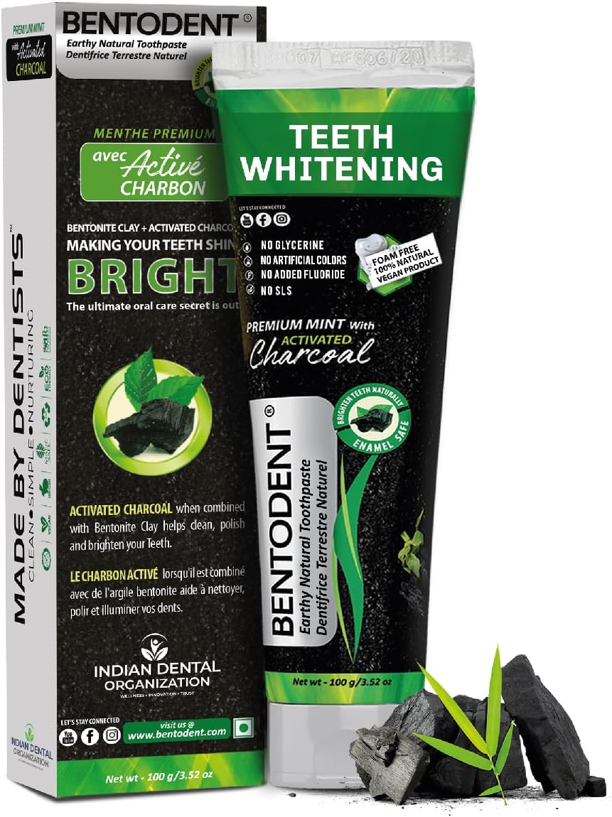 BENTODENT TOOTHPASTE Teeth Whitening Bentonite Clay & Charcoal - Natural Teeth Whitening Charcoal toothpaste, No SLS & Fluoride free toothpaste, Vegan (Activated Charcoal Mint Combo)