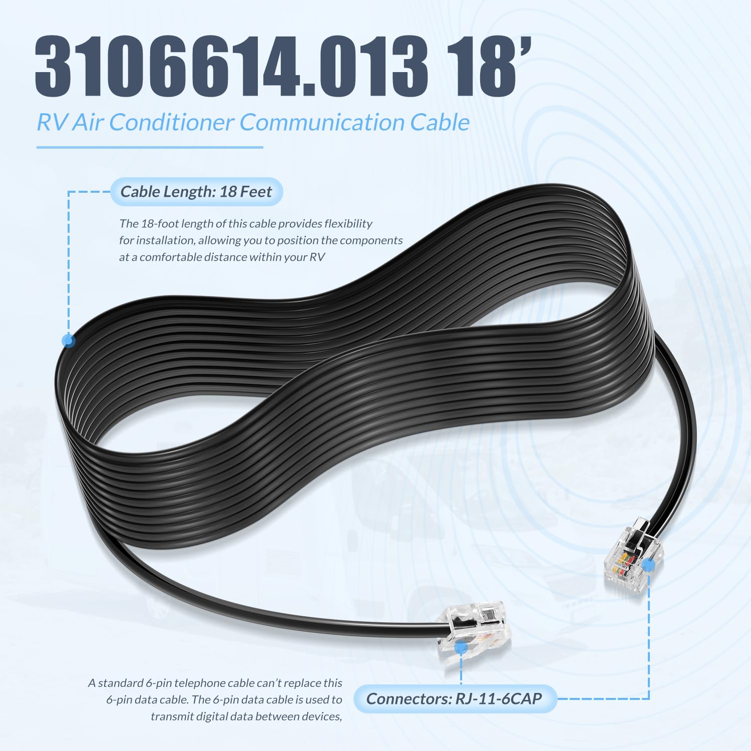 3106614.013 18’ RV Air Conditioner Communication Cable Fit for Dometic Multi-Zone Thermostats CCC and CCC II, Plug-and-Play, Replace for 3308013.006