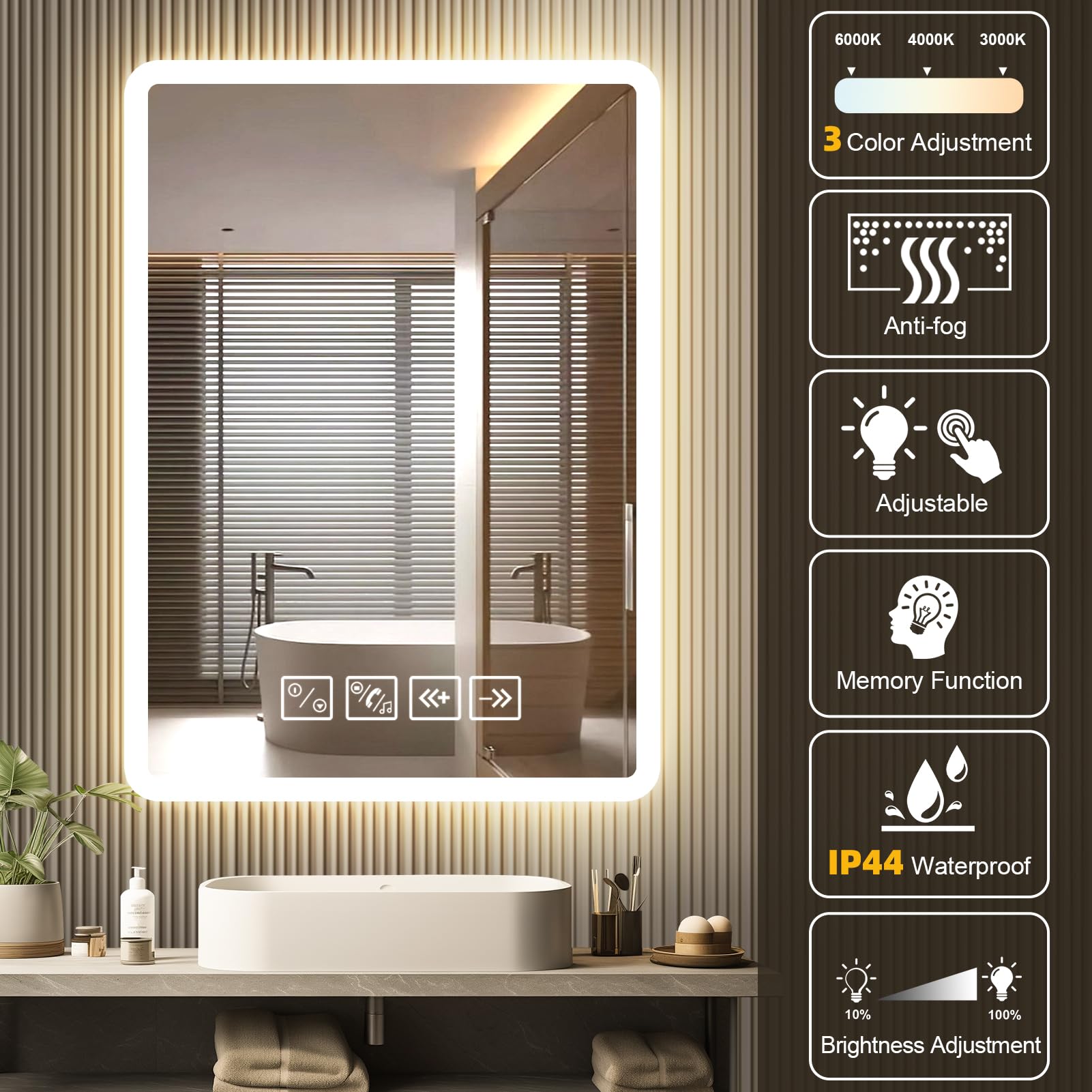 Bluetooth Specchio Bagno con Luce 50 x 70 cm,Specchio Bagno LED con Antiappannamento,Specchiera da Bagn𝐨 c𝐨n Dimmerabile,3 Colori Luce,Interruttore Touch,Funzione Memoria
