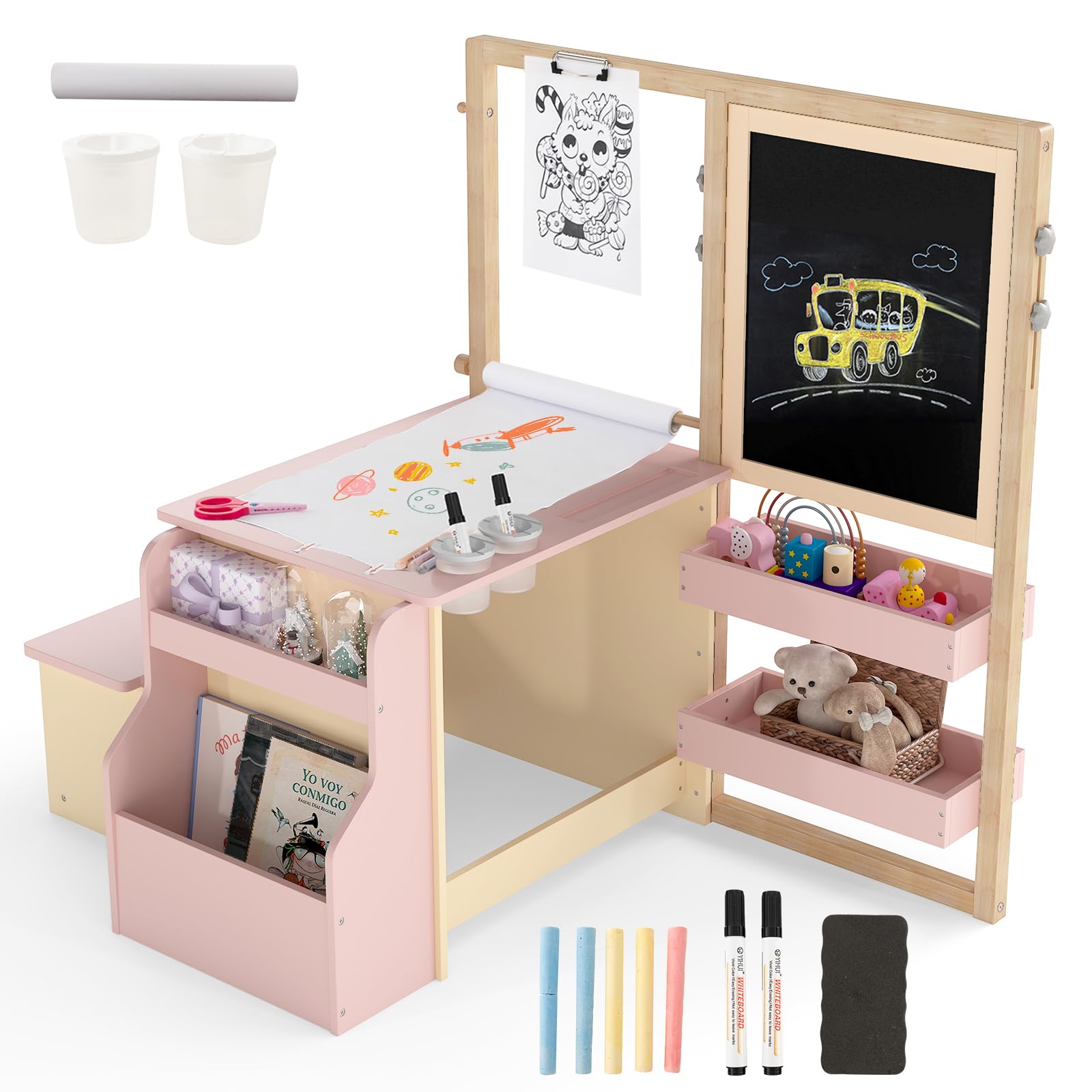 HOMASIS Tableau pour enfant 6 en 1 - En bois - Avec chevalet - Hauteur réglable - Avec tableau à