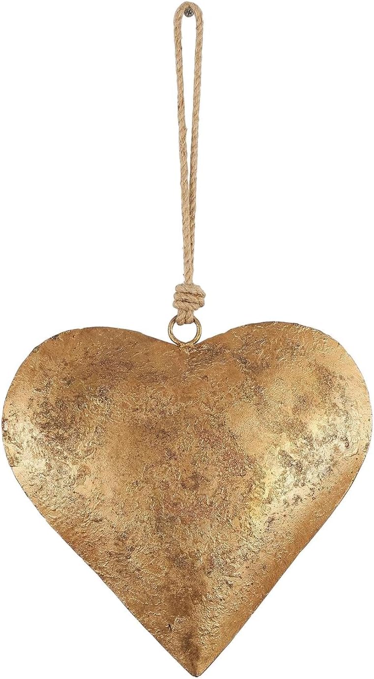 Metal Wall Decor: Heart-Shaped Iron Ornament with Golden Antique Finish and Heart Bell, Vintage Metal Art with Hanging Rope for Home Indoor/Outdoor