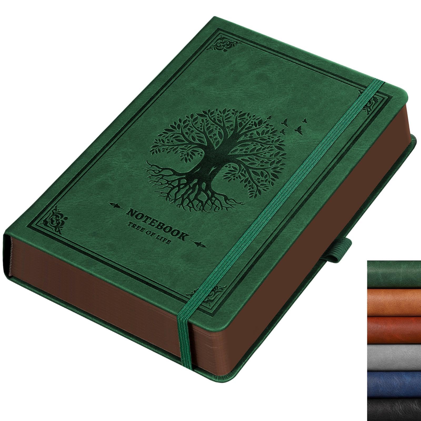 A5 Blank Notebook, Hardcover Leather Plain Paper Notebook, 320 Numbered Pages Sketchbook, Inner Pocket, 100gsm Paper, for Women Men Note-taking, Doodling,14.5 x 21cm-Dark Green
