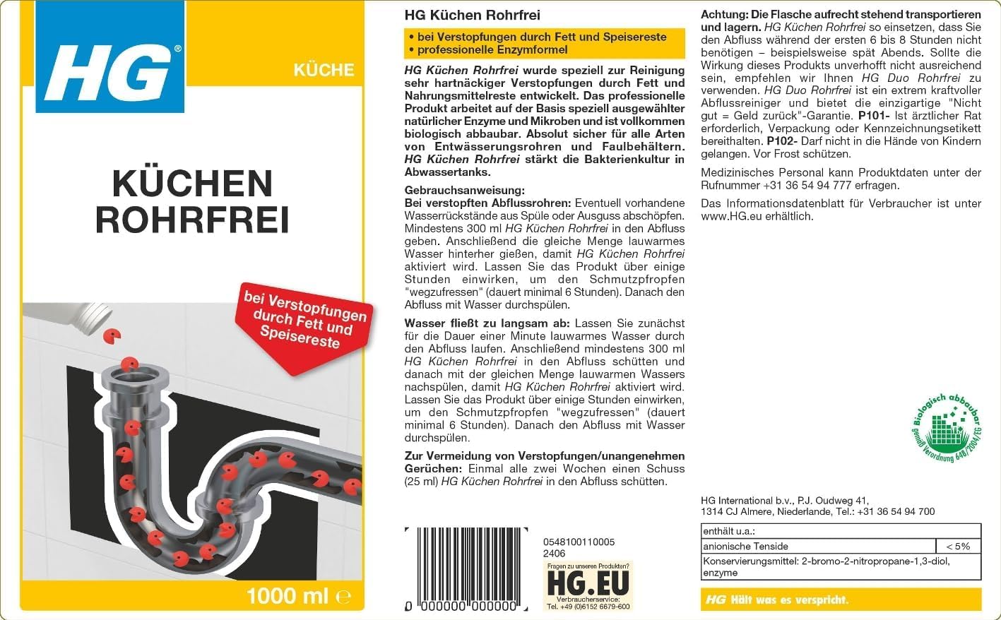 HG Küchen Rohrfrei – Abflussreiniger speziell für Küchenabflüsse – Fettlösend – 6er Set