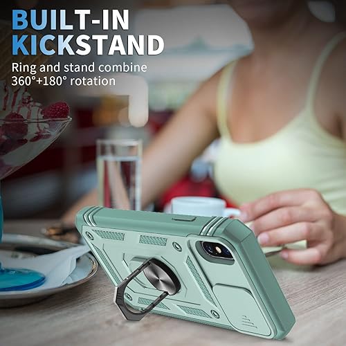 Miniatura 6 de Fetrim Funda para iPhone X, Funda de teléfono con soporte de anillo de rotación para Apple iPhone XXS - Verde Rosa
