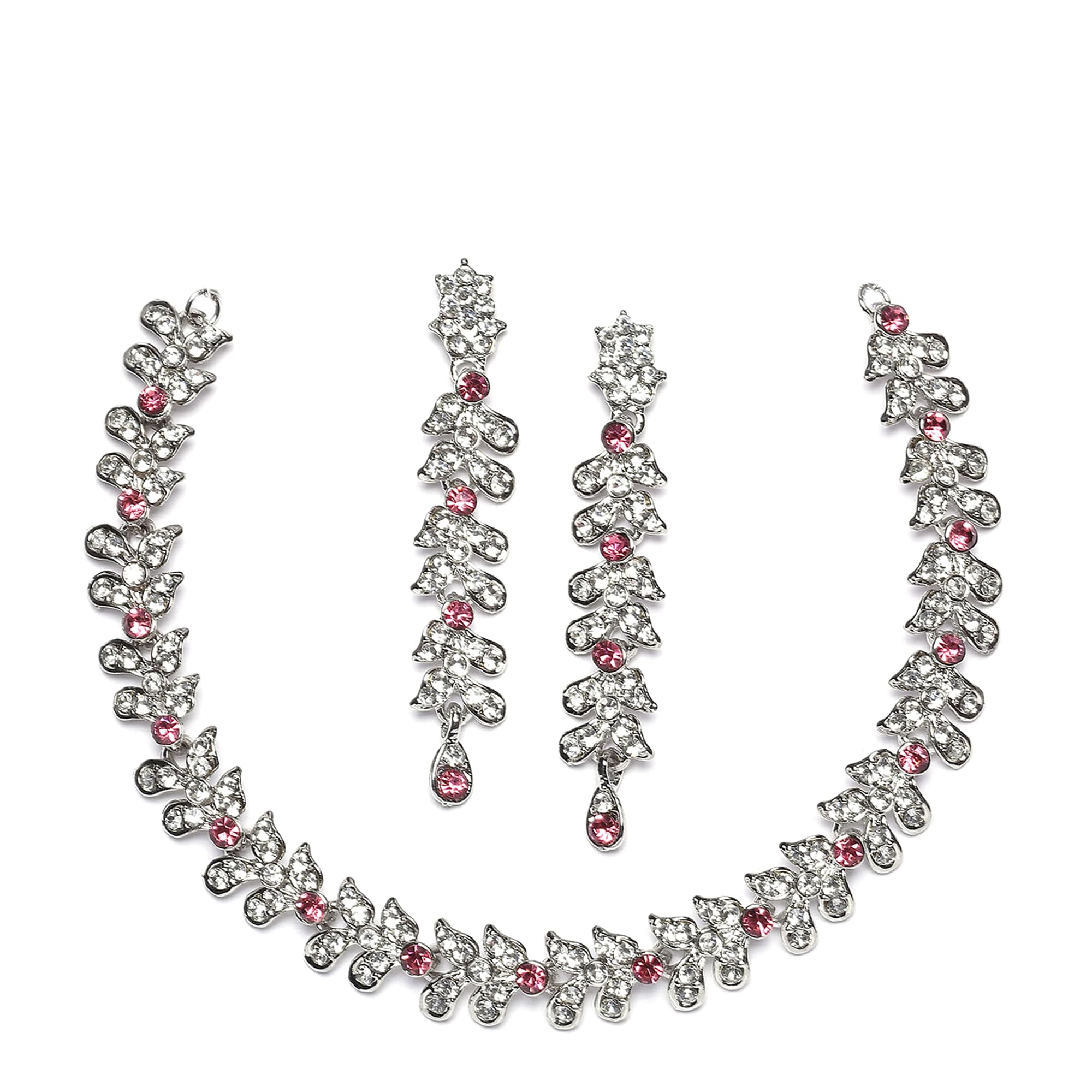 ZENEME Rhodium-Plated Cubic Zirconia Studded Leafy Shaped Necklace With Earrings Jewellery Set For Girls and Women (Pink) (B0CGV14F61) Amazon Price History, Amazon Price Tracker