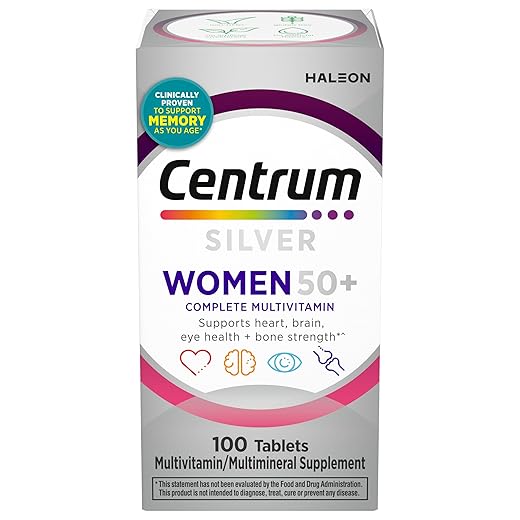 Centrum Multivitamínico feminino Silver 50 Plus, suplemento multivitamínico/multimineral com vitamina D3, vitaminas B, ingredientes não OGM, auxilia na memória e cognição em adultos mais velhos - 100