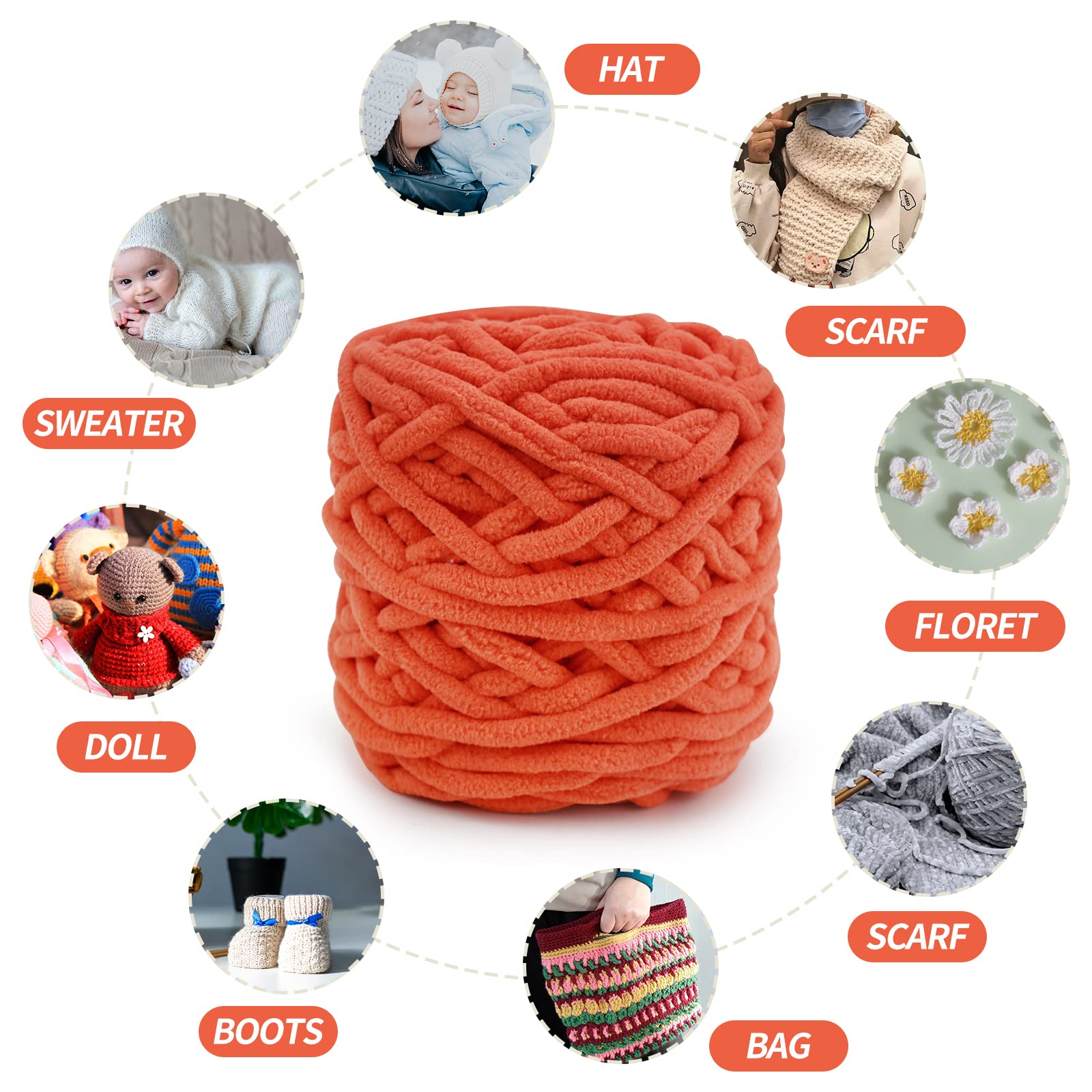 Breiwol, 4 x 100 g meerkleurig breigaren voor haken, zacht, grof garen voor garenprojecten, voor maken van pluche ballen, handgemaakte tassen, truien, schoenen, hoeden, dekens, sjaals (oranje